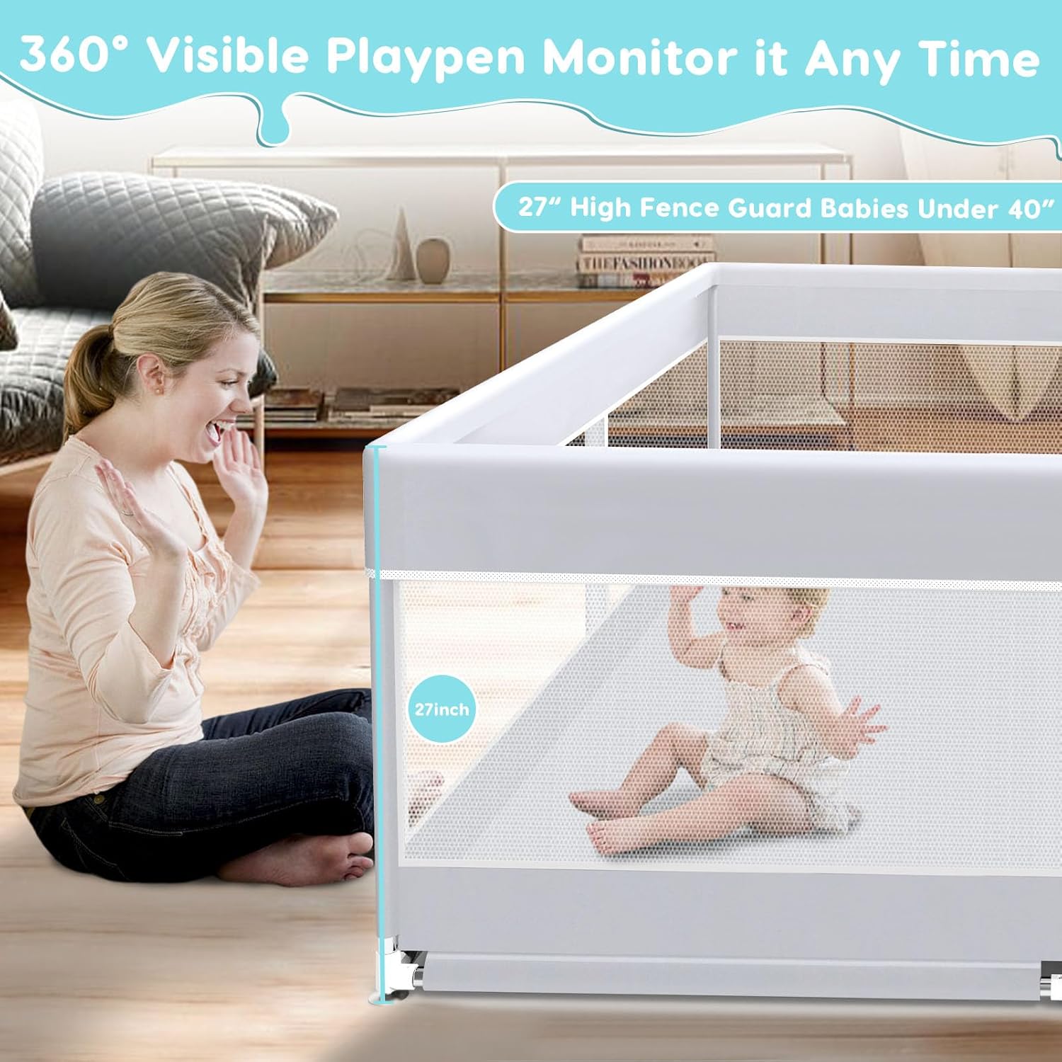 Grey 50*50*27 inches  Baby Playpen, 50x50 Inch Baby Playard for Babies and Toddlers, Play Pens for Indoor & Outdoor, Sturdy Safety Play Yard with Soft Breathable Mesh, Anti-Fall, Grey