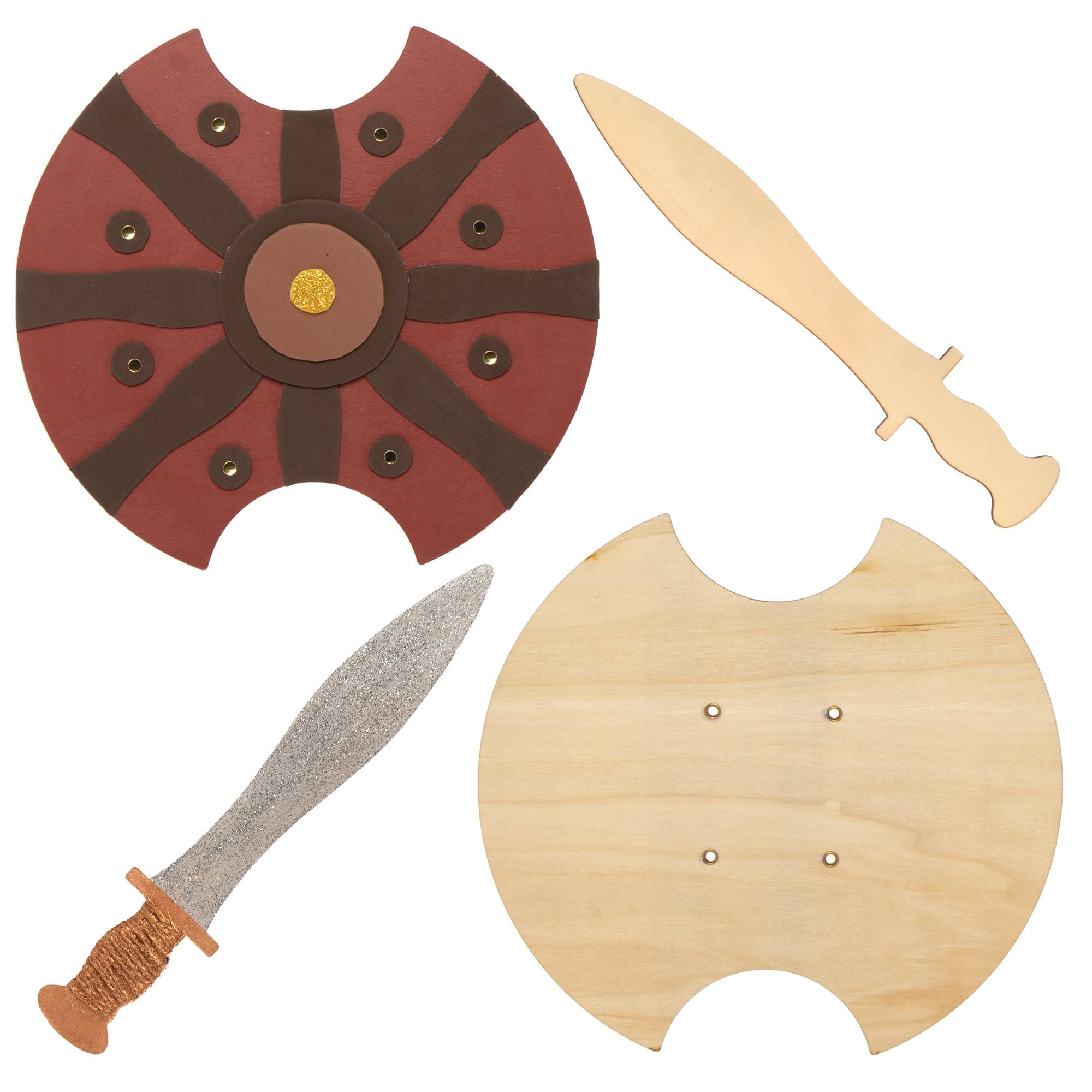 Baker Ross FE458 Gladiator drewniane miecze i tarcze - zestaw 2 sztuk, drewniany miecz i tarcza do dekoracji, pomaluj własne zestawy dla dzieci, wyszukany zestaw dla dzieci