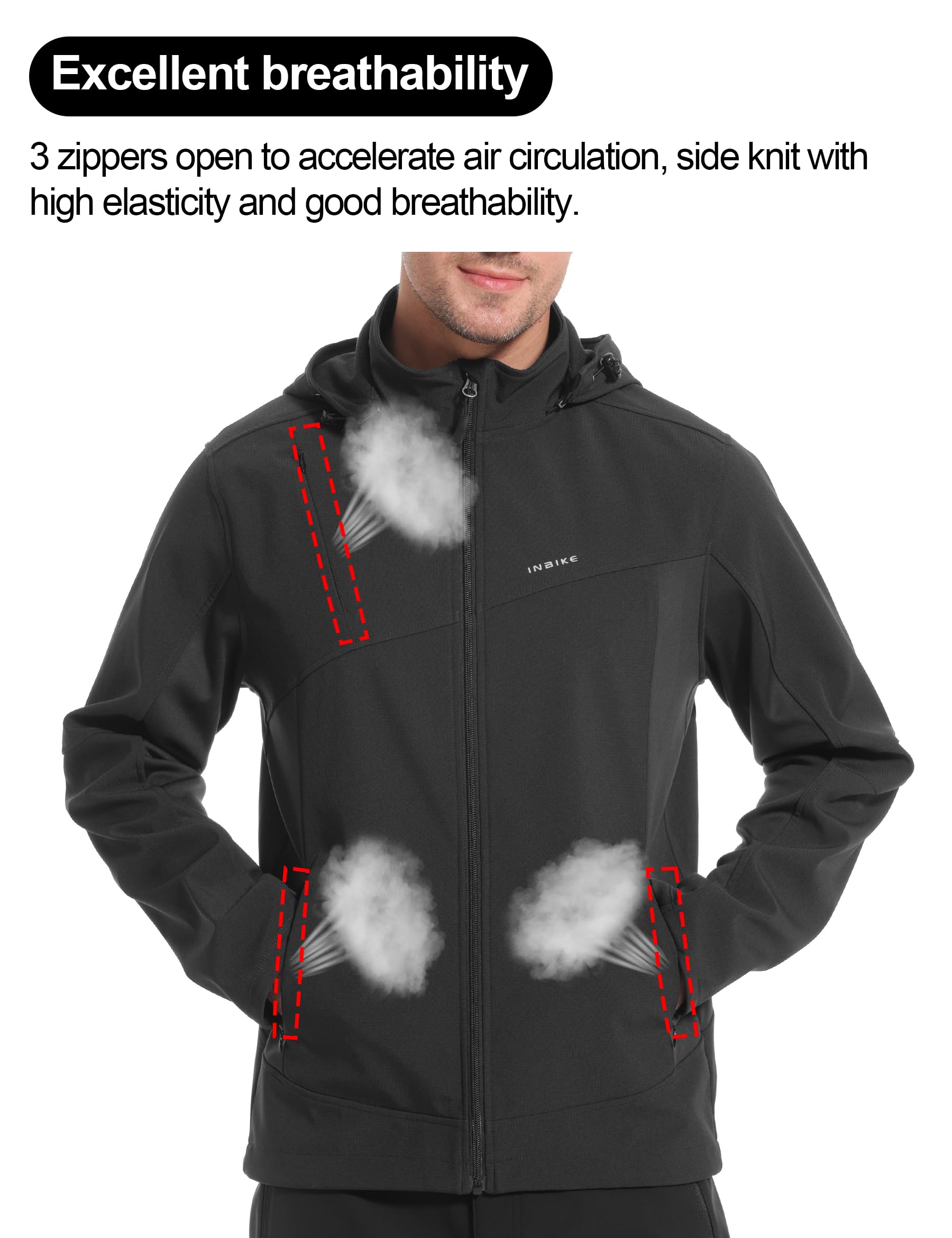 INBIKE Chaqueta Ciclismo Hombre Invierno Softshell Polar Exterior con Capucha Desmontable Cortavientos Abrigo Cálido para Senderismo Running