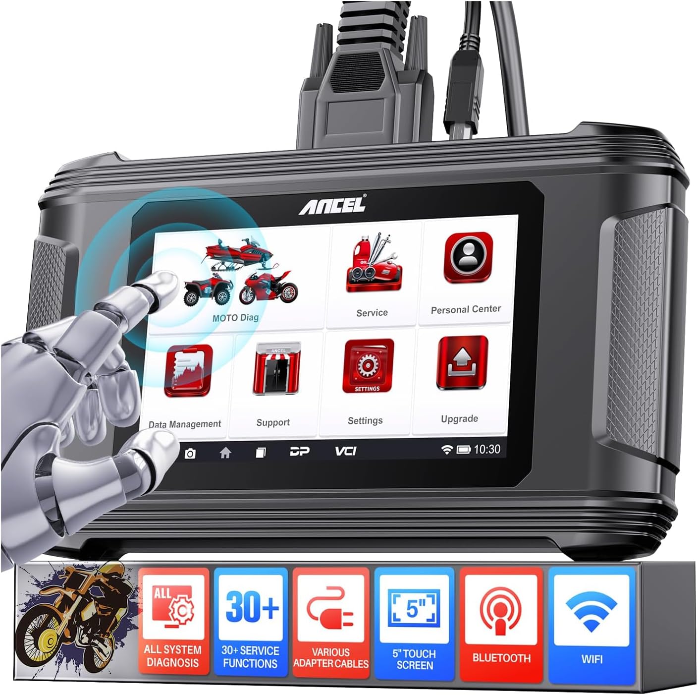 ANCEL Motorcycle Diagnostic Tool, MT500 PRO Motorcycle Code Reader for Harley Yamaha Honda Kawasaki Suzuki Indian Polaris BRP Victory Motorbike OBD2 Scanner, 30+ Reset, Android 5'' Touch Screen