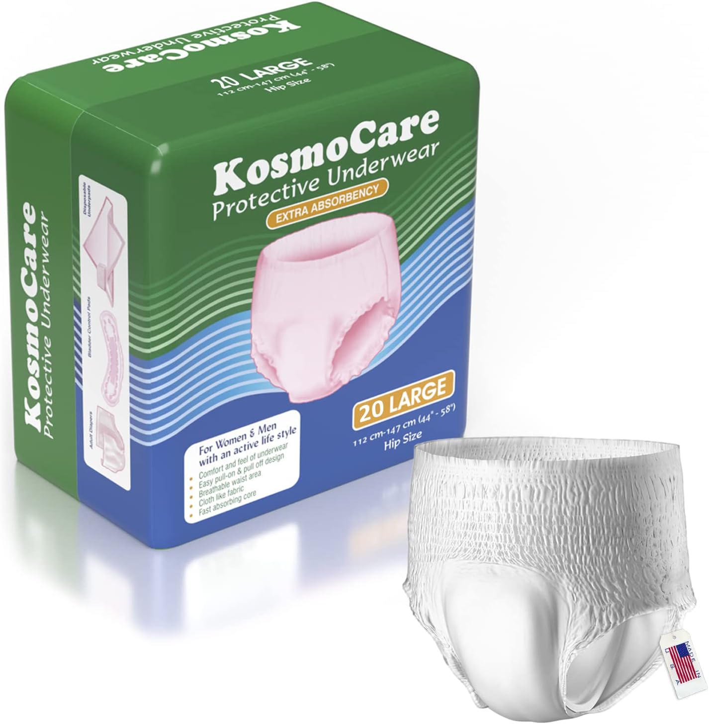 KosmoCare Protective Underwear |Pull Up Style| Pant Diaper for Large Incontinence with maximum absorbences | Odor Guard| Cloth Feel Outer Fabric| Breathable - Large | Waist Size 44" - 58" - Count 20p