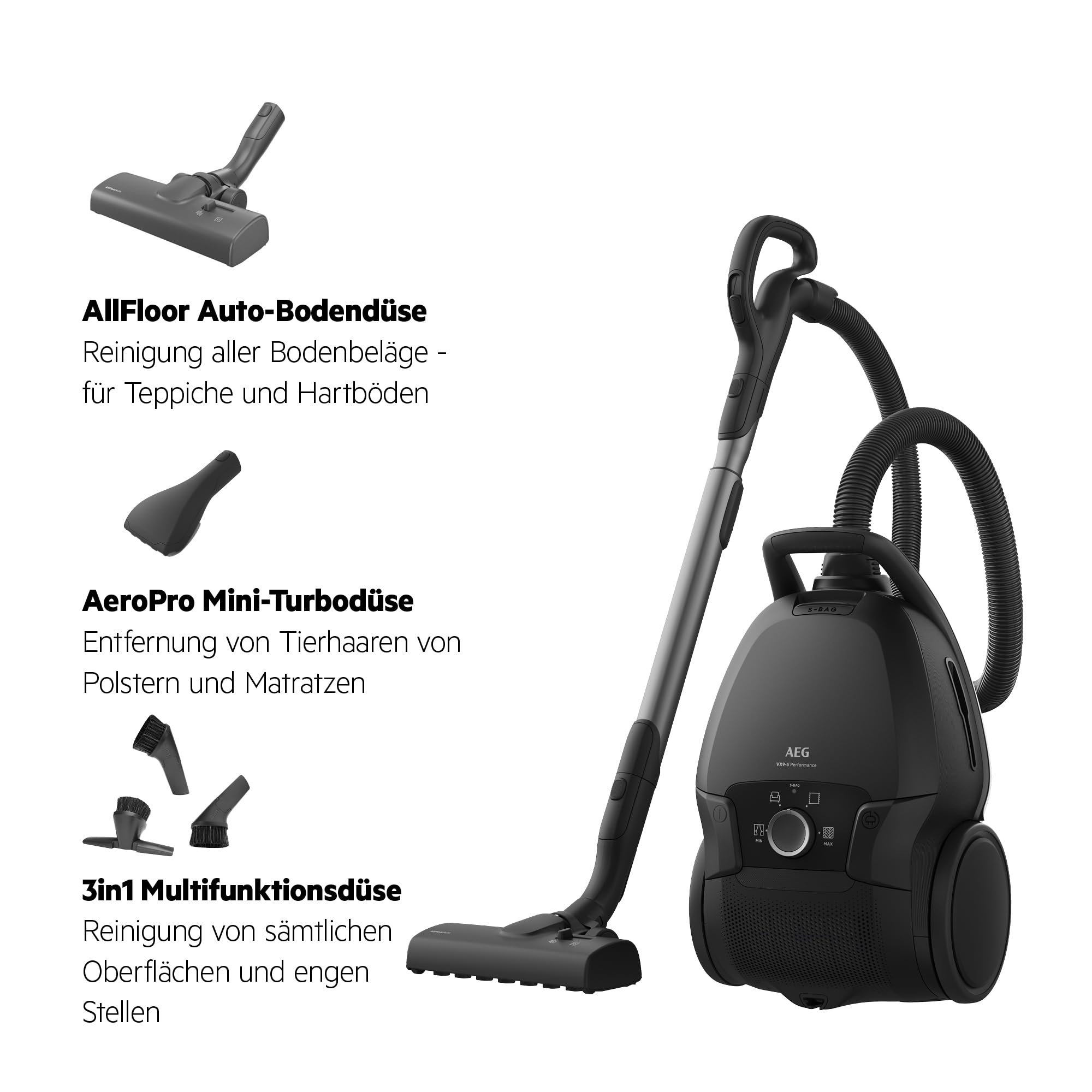 AEG Staubsauger mit Beutel, Leise 69 dB, HEPA‑Filter für Hygienisch Saubere Luft, 5 L Staubbeutel, Mini‑Turbodüse für Tierhaare, 12 m Reichweite, Alle Böden, Zusatzdüsen, Dunkelgrau, VX9‑5‑EBR
