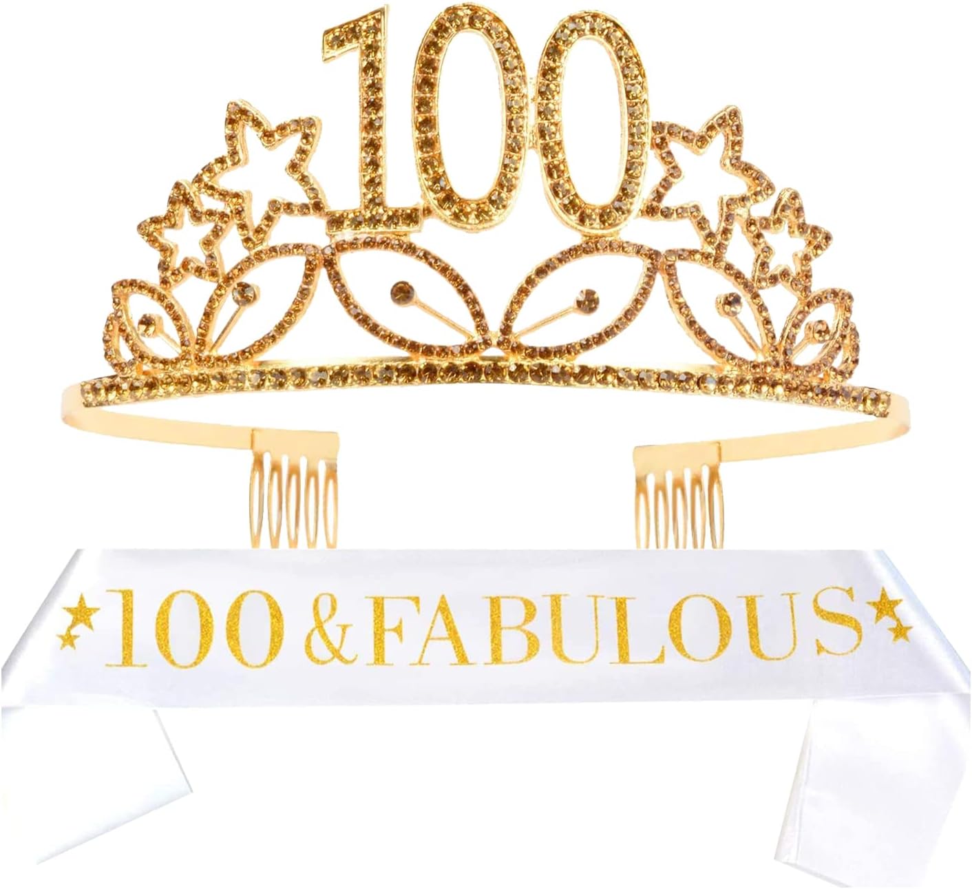 MEANT2TOBE100th Birthday Sash and Tiara for Women - Fabulous Glitter Sash + Stars Rhinestone Gold Premium Metal Tiara for Her, 100th Birthday Gifts for 100 Celebration