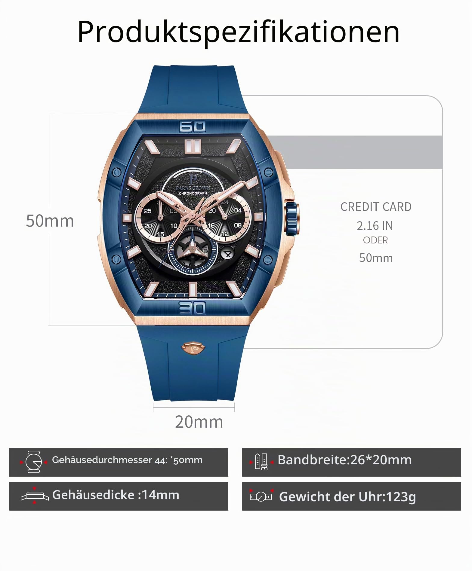 PC PARAS CROWN Uhren Herren Chronograph Quarzuhr mit Japanischem Uhrwerk 5ATM Edelstahl Tonneau-Gehäuse Silikonarmband