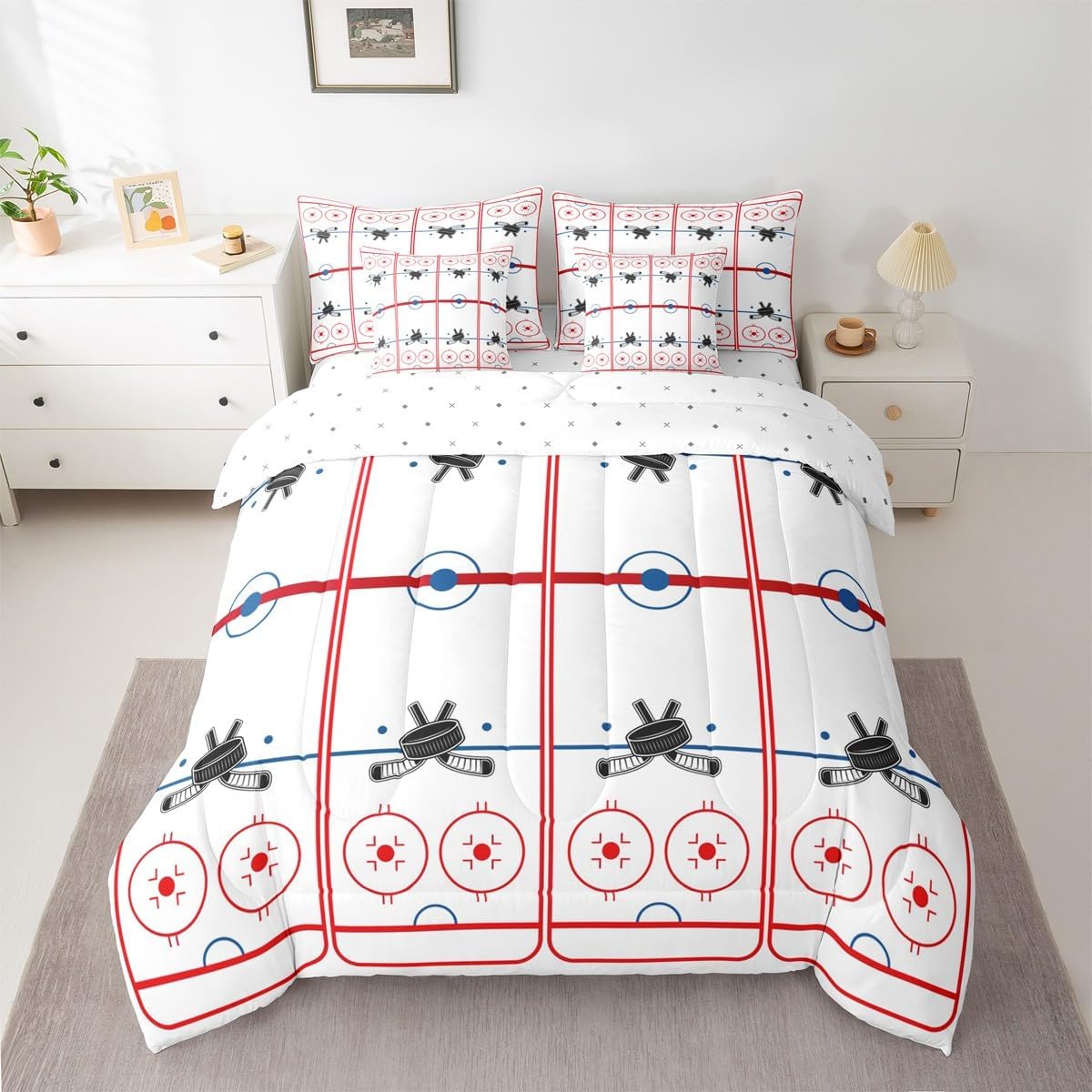 Erosebridal Hockey Comforter Set with Sheets Twin 7 Piece Ice Hockey Field Bed in A Bag Extreme Sports Theme Bedding Sets for Women Men Winter Event Sports Lovers Gift Bed Set Bedroom Decor