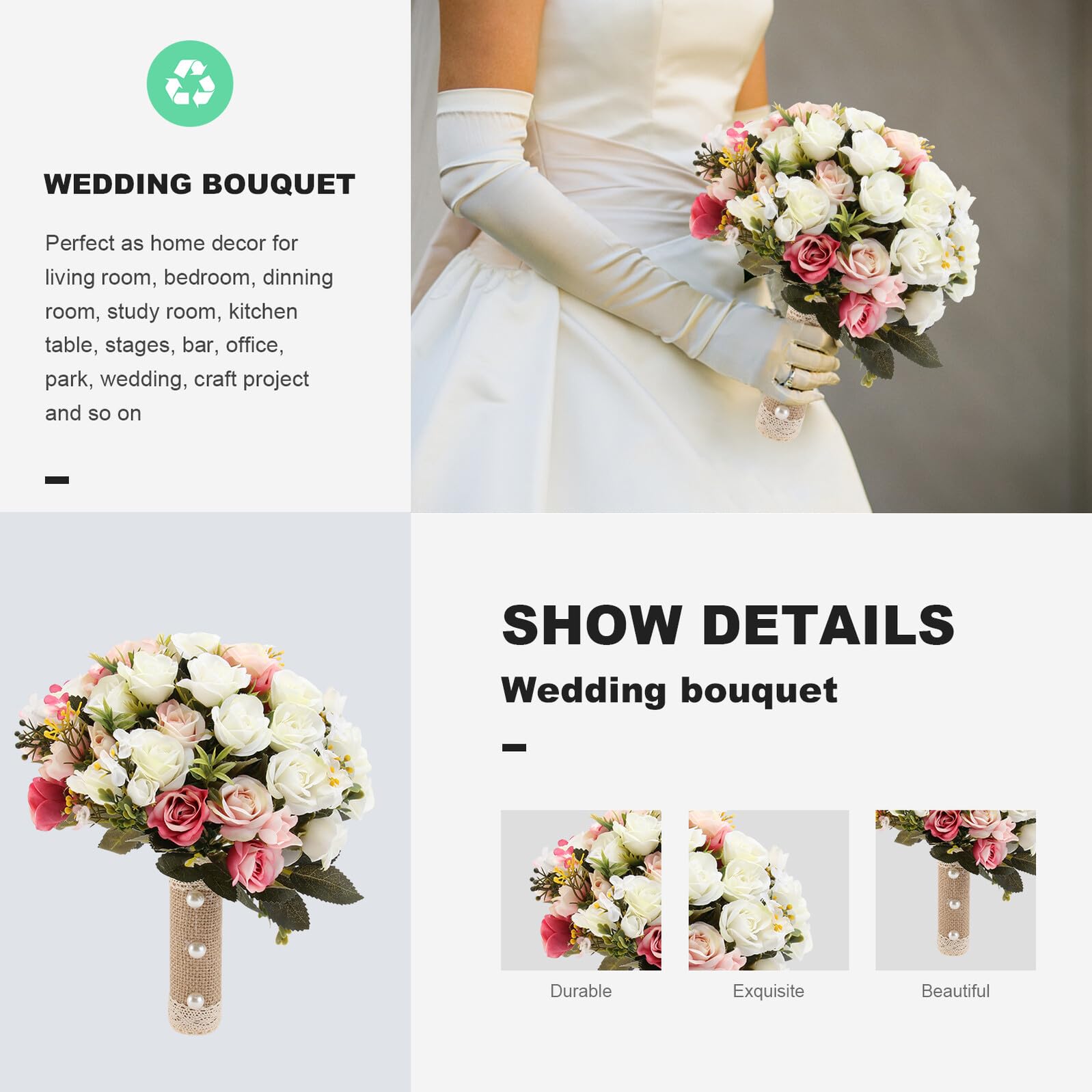 Künstlicher Rosenstrauß Weiß Rosa Seidenstoff Hochzeit Braut Strauß Dekoration Fotorequisite Wohnraum