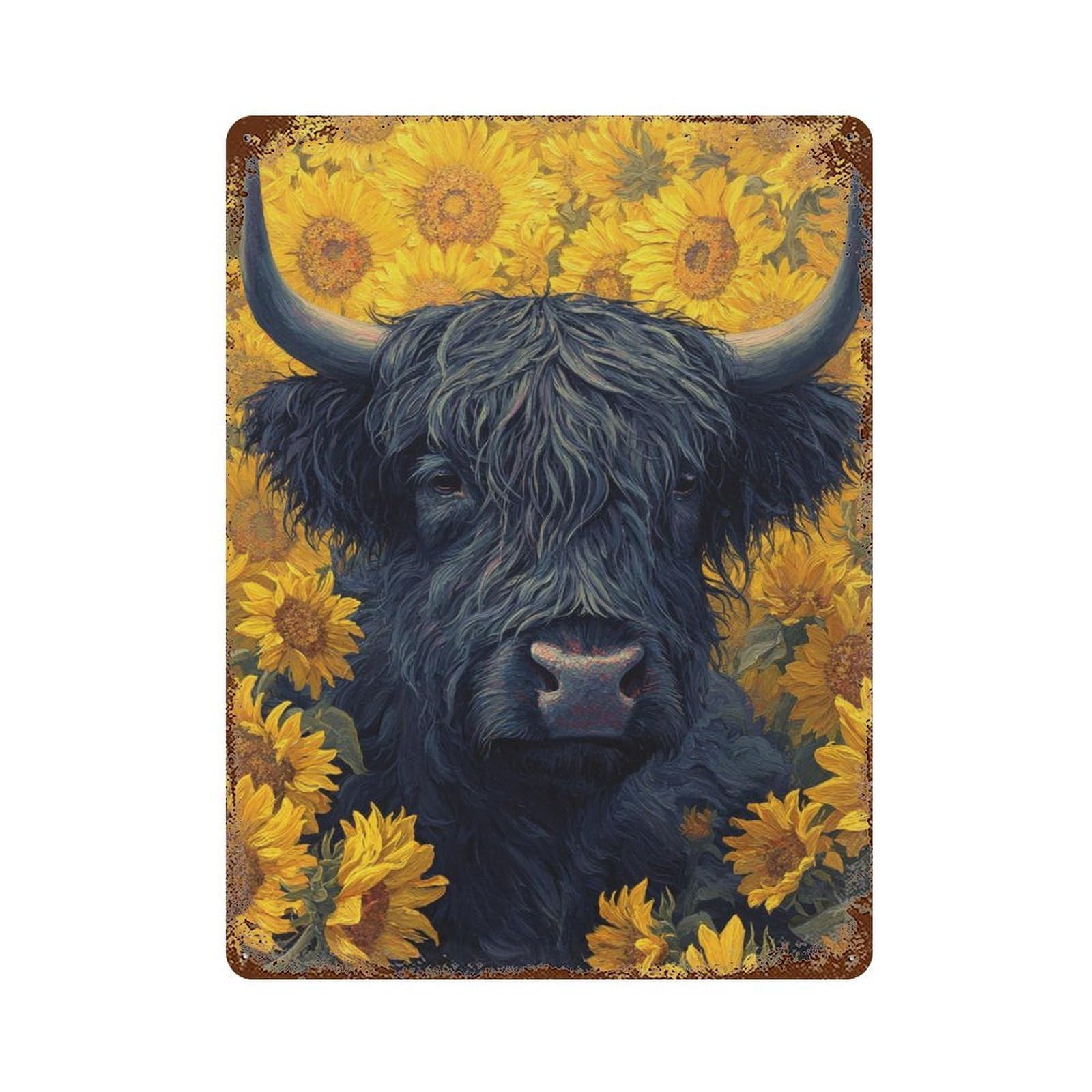 Highland Cow Sunflower Field 15.7"x11.8" Distressed Metal Wall Sign, Industrial Home Decor for Patio, Garden Room And Bar Decor