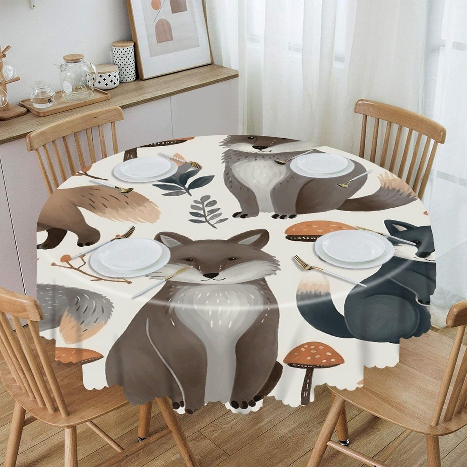 VstaDank Woodland Raccoon Animals Round Tablecloth Premium Polyester Table Cloth Heavy Duty Washable Fabric Tablecloth Waterproof Holiday Table Cover Decorative Tablecloths for Dining 60"