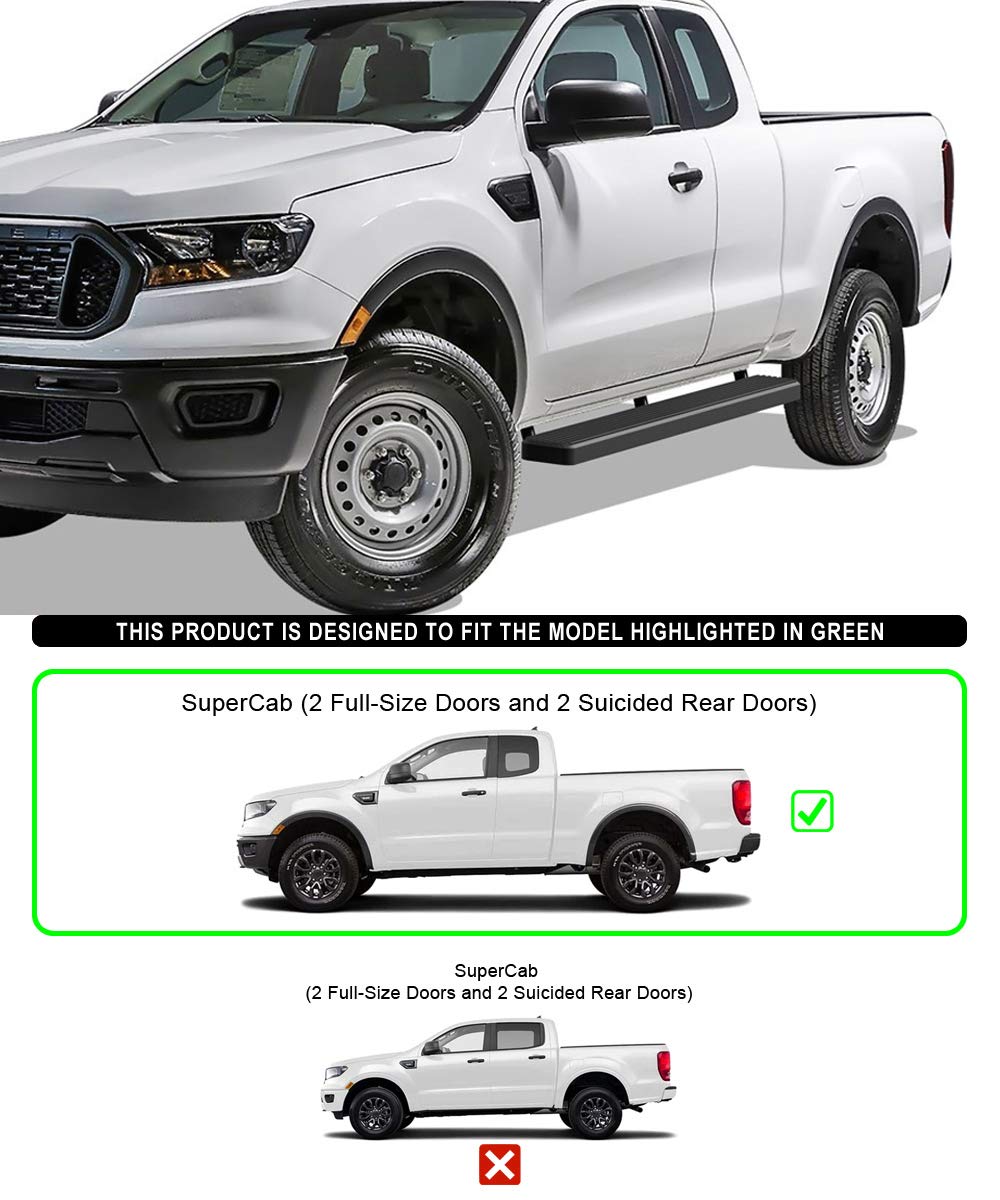 APS Running Boards 6 inches Matte Black Compatible with Ford Ranger 2019-2023 Super Cab (with 2 Full Size Doors and 2 Suicide Doors) (Nerf Bars Side Steps Side Bars)