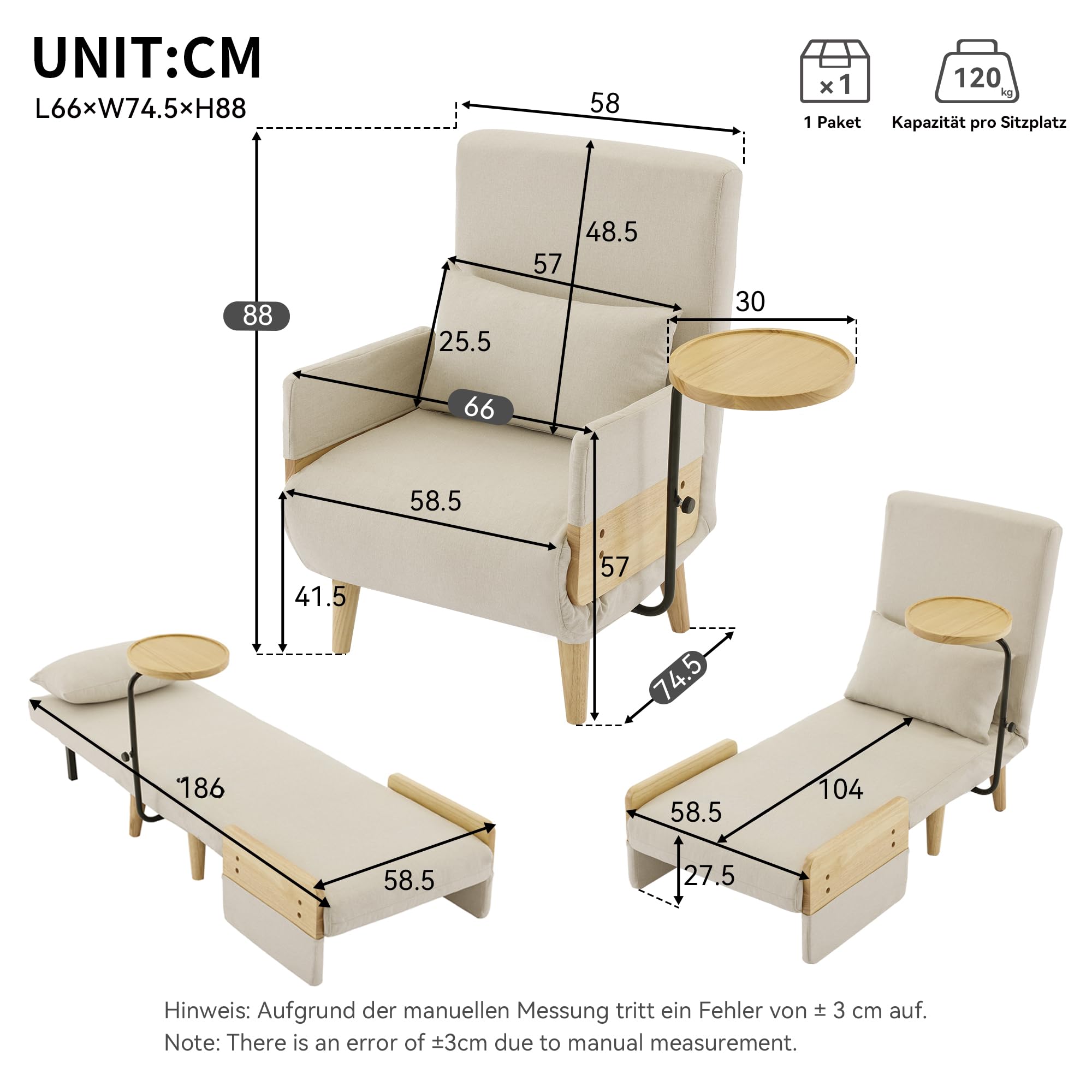 Poltrona trasformabile 3 in 1 con funzione letto, con vassoio in legno, poltrona pieghevole imbottita, seduta imbottita, poltrona, letto singolo, adatta per soggiorno, camera da letto, ufficio