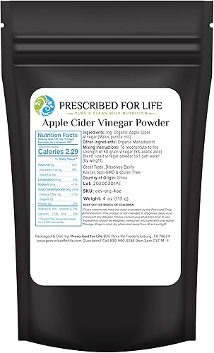Prescribed For Life Vinagre de sidra de manzana en polvo, ACV orgánico, secado por aspersión, sin gluten, vegano, sin OMG, 5% ácido acético (Malus