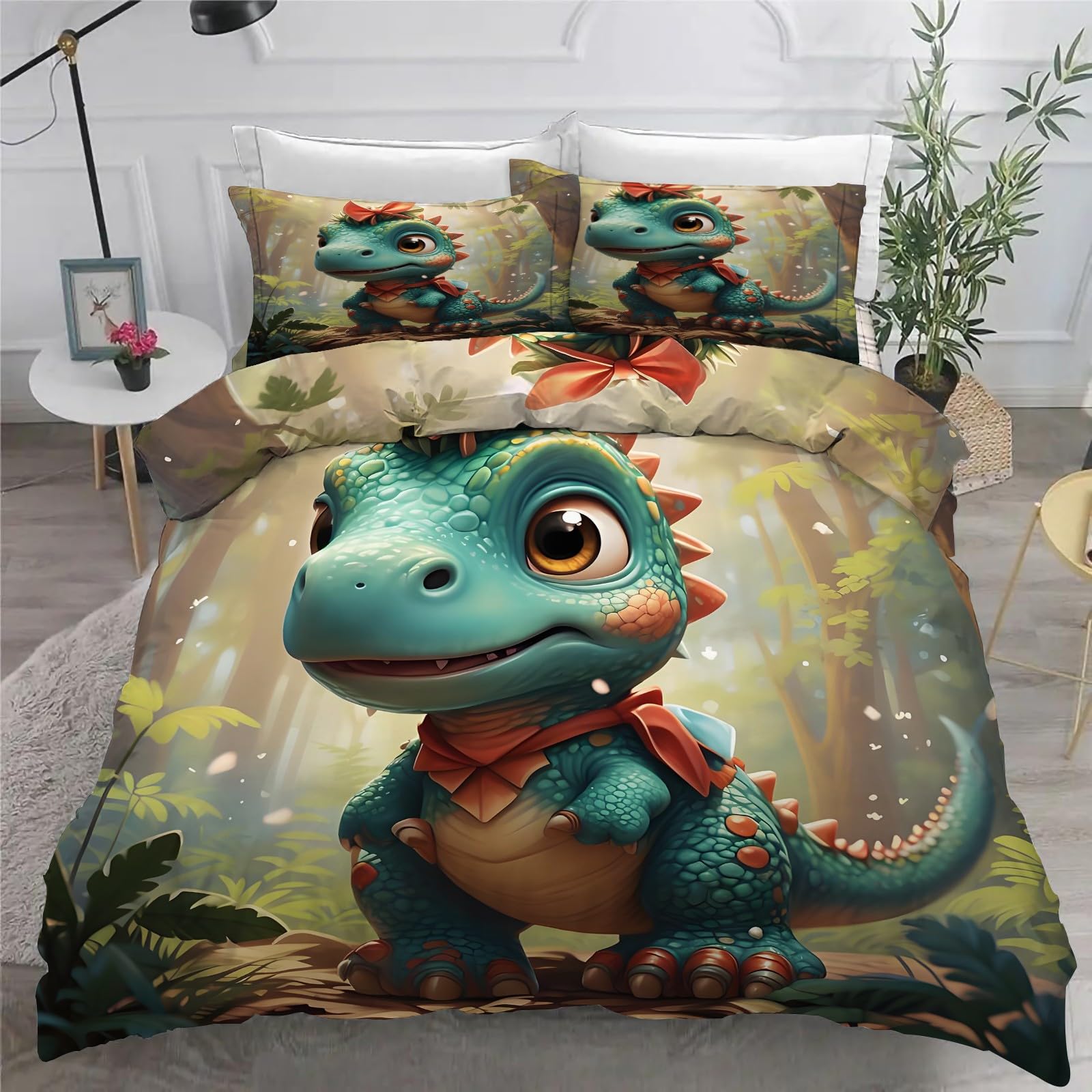 Niebiesko-zielony dinozaur poszwa na kołdrę 260x240cm, zielone rośliny zestaw pościeli, 3-częściowy zestaw miękkiej i oddychającej mikrofibry, 2 poszewki na poduszki 50 x 75 cm AN282
