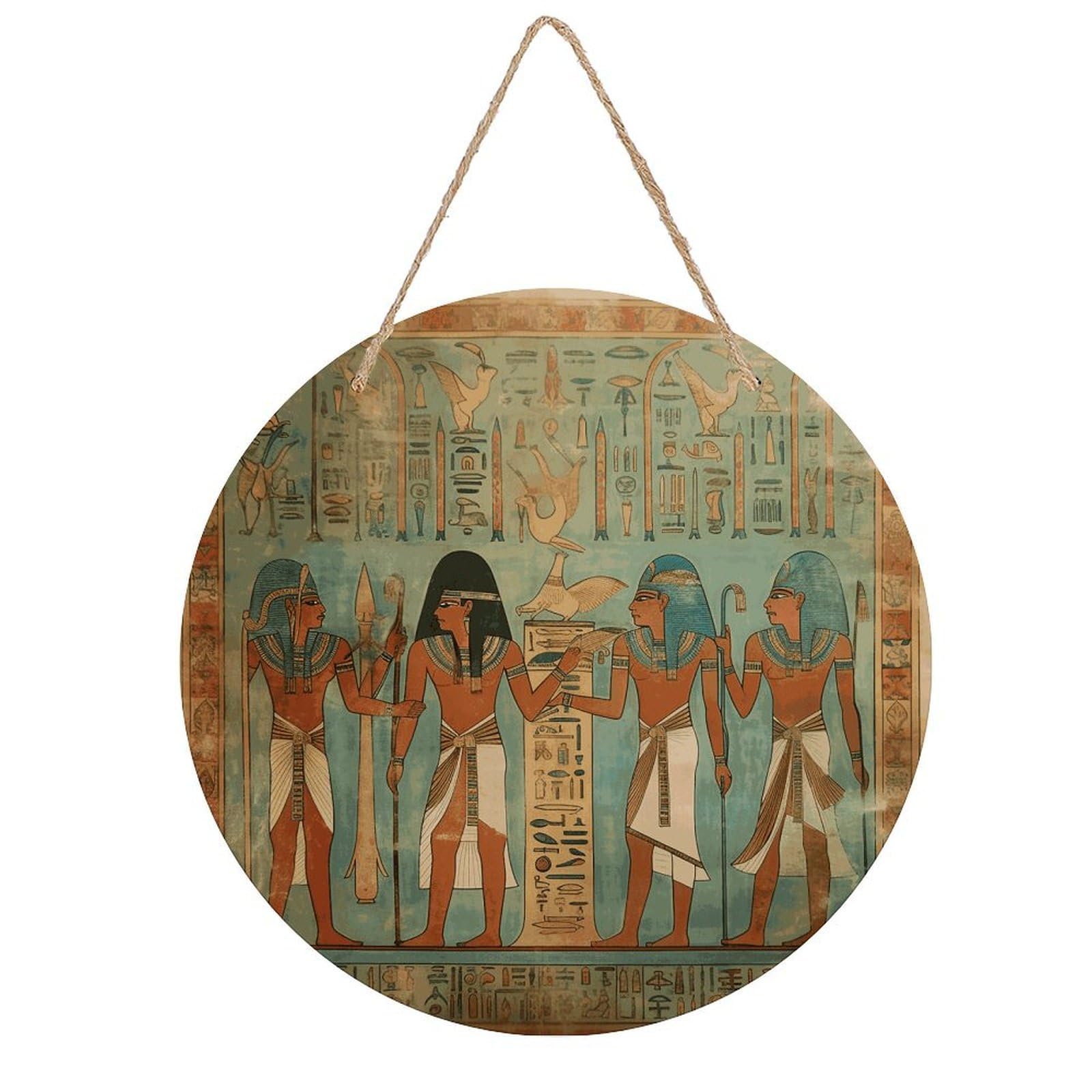 FekiLoot Women in Ancient Egypt Wall Art Decor Rustic Vintage Hanging Wall Sign Aesthetic Welcome Door Sign with Rope, Round Wood Walls Decoration Picture for Home Front Door 7.9x7.9 in