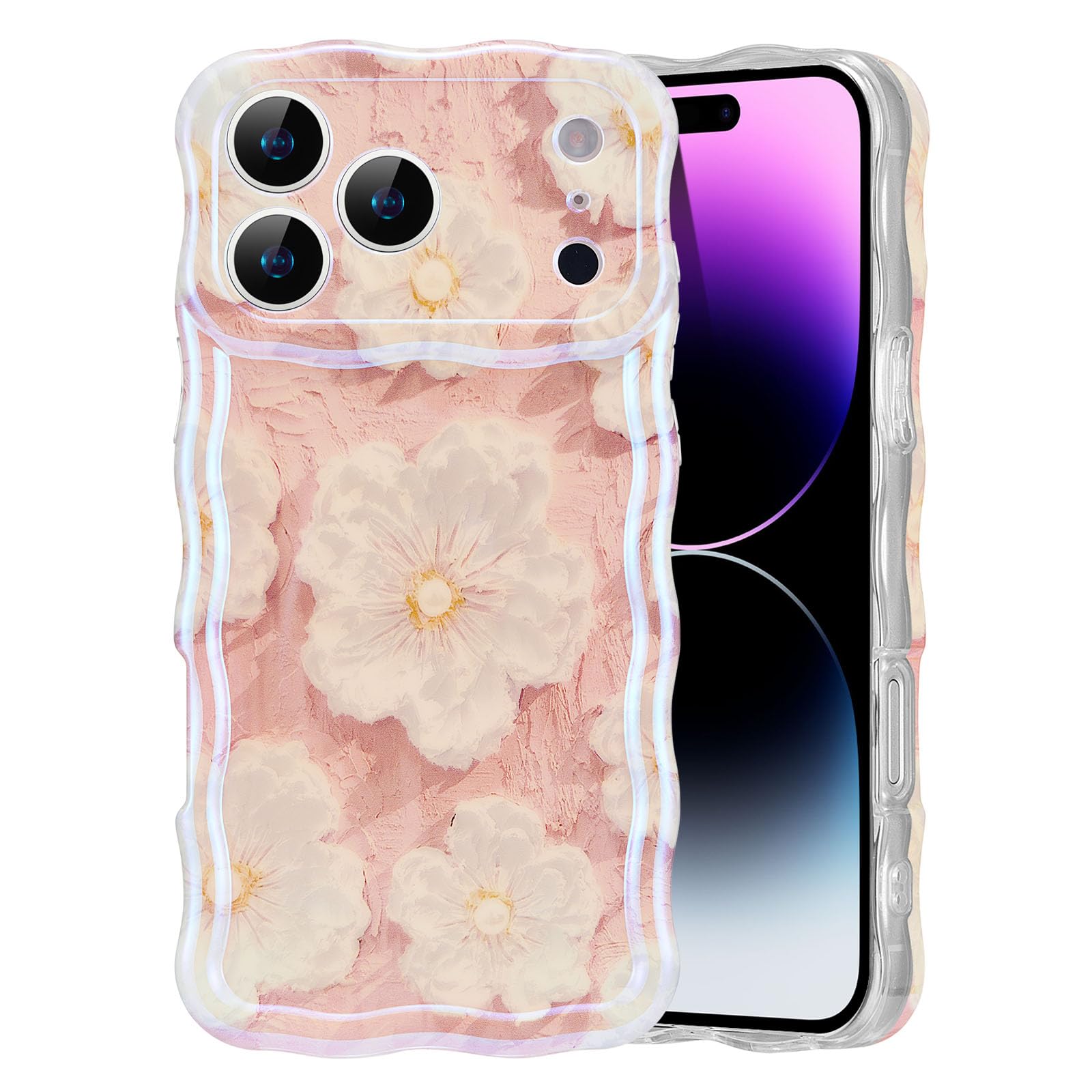 EYZUTAK Case for iPhone 15, Colorful Retro Oil Painting Flower Laser Beam Glossy Pattern Cute Curly Waves Border Exquisite Phone Cover Stylish Durable Soft TPU Protective Case for Girls Women - Green — view 46