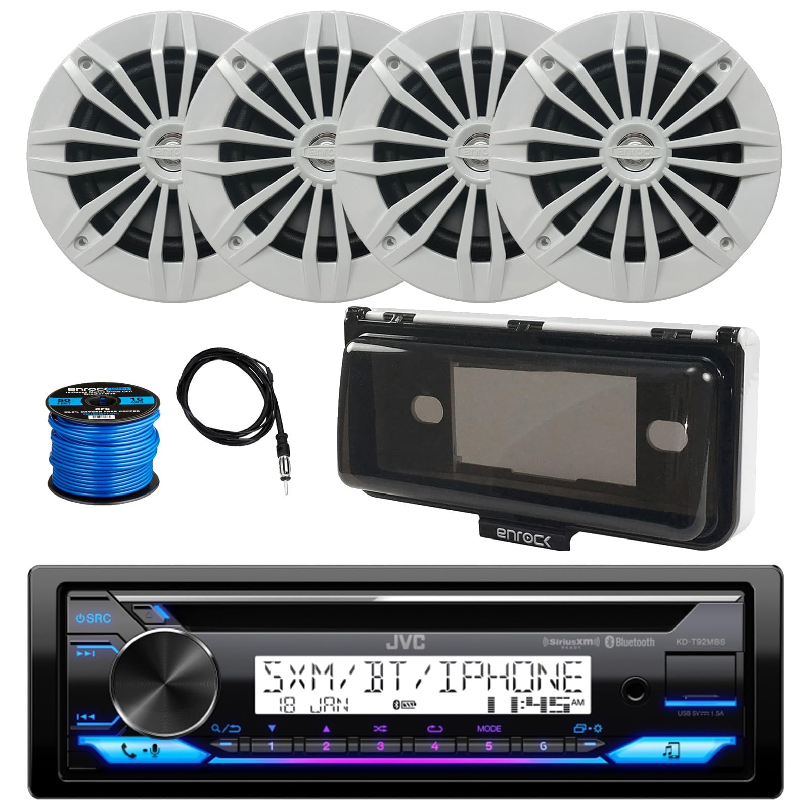 Single DIN Marine Bluetooth Stereo CD Receiver, Radio Cover, 4x 6.5" 180 Watt Max White Boat Speakers, Antenna, 16 Gauge 50 Feet Speaker Wire