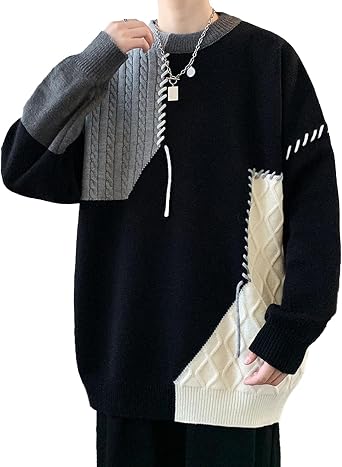 Men's Patchwork Sweater Colorblock Knit Jumper Cable Pullover Oversized Casual Varsity Knitwear Winter Outwear