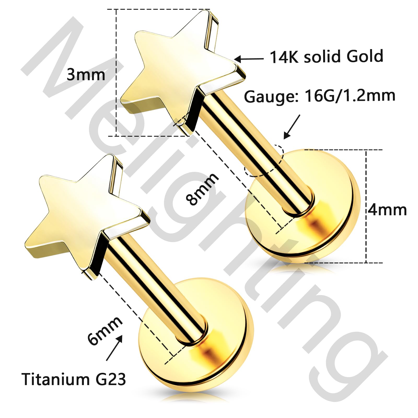 Melighting Pendientes de oro amarillo de 14 quilates con parte trasera plana, aretes de titanio sin rosca, aretes de cartílago de 16 G, aretes de tragus, corazón y caracola, joyería