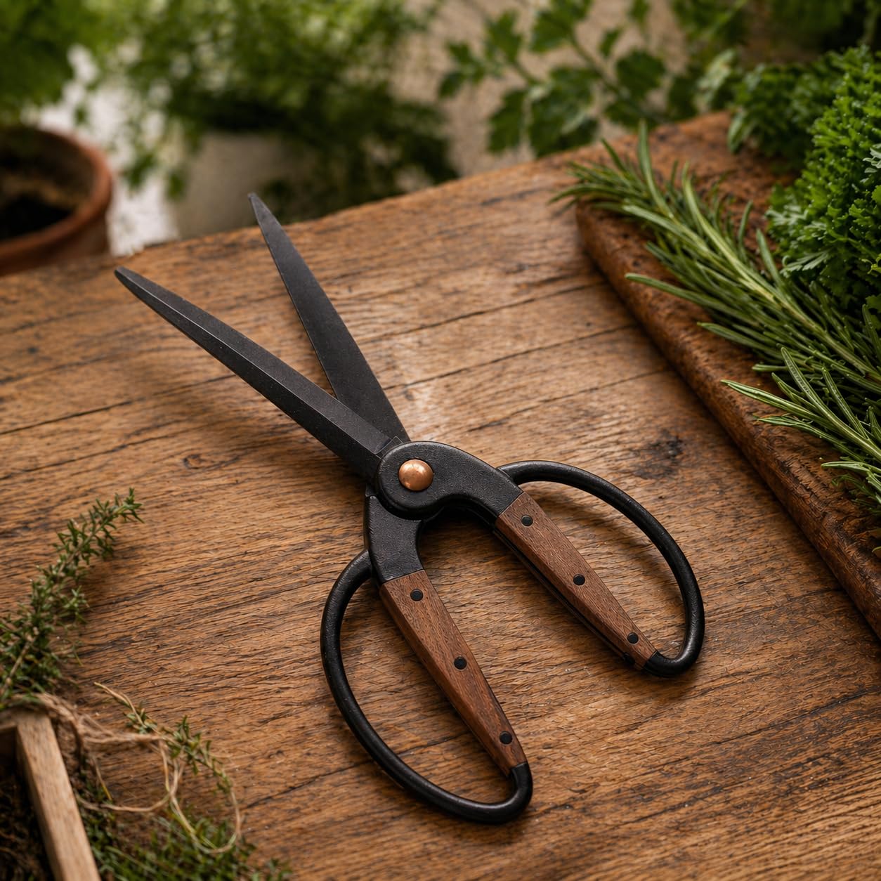 Traditionelle asiatische Bonsaischere, Pflanzenschere, Kräuterschere, Gartenschere, Blumenschere - aus schwarzem Edelstahl mit Walnussholzgriff