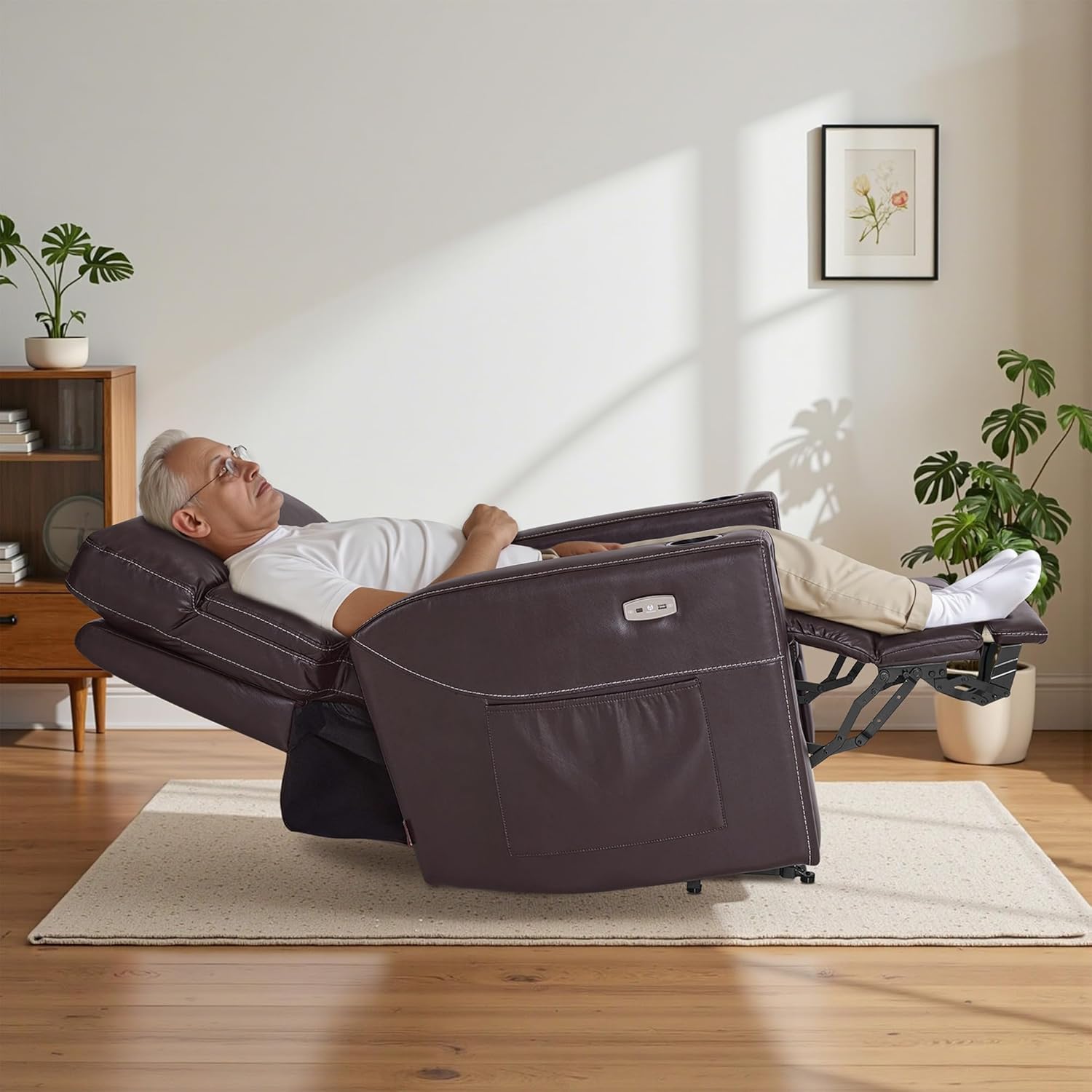 MCombo Triple Motor Oversized Lay Flat Power Lift Recliner Chair with Infinite Position, for 380lbs and Heights 5'7''-6'6" Big and Tall People, Adjustable headrest, Faux Leather R7177 (Dark Brown)