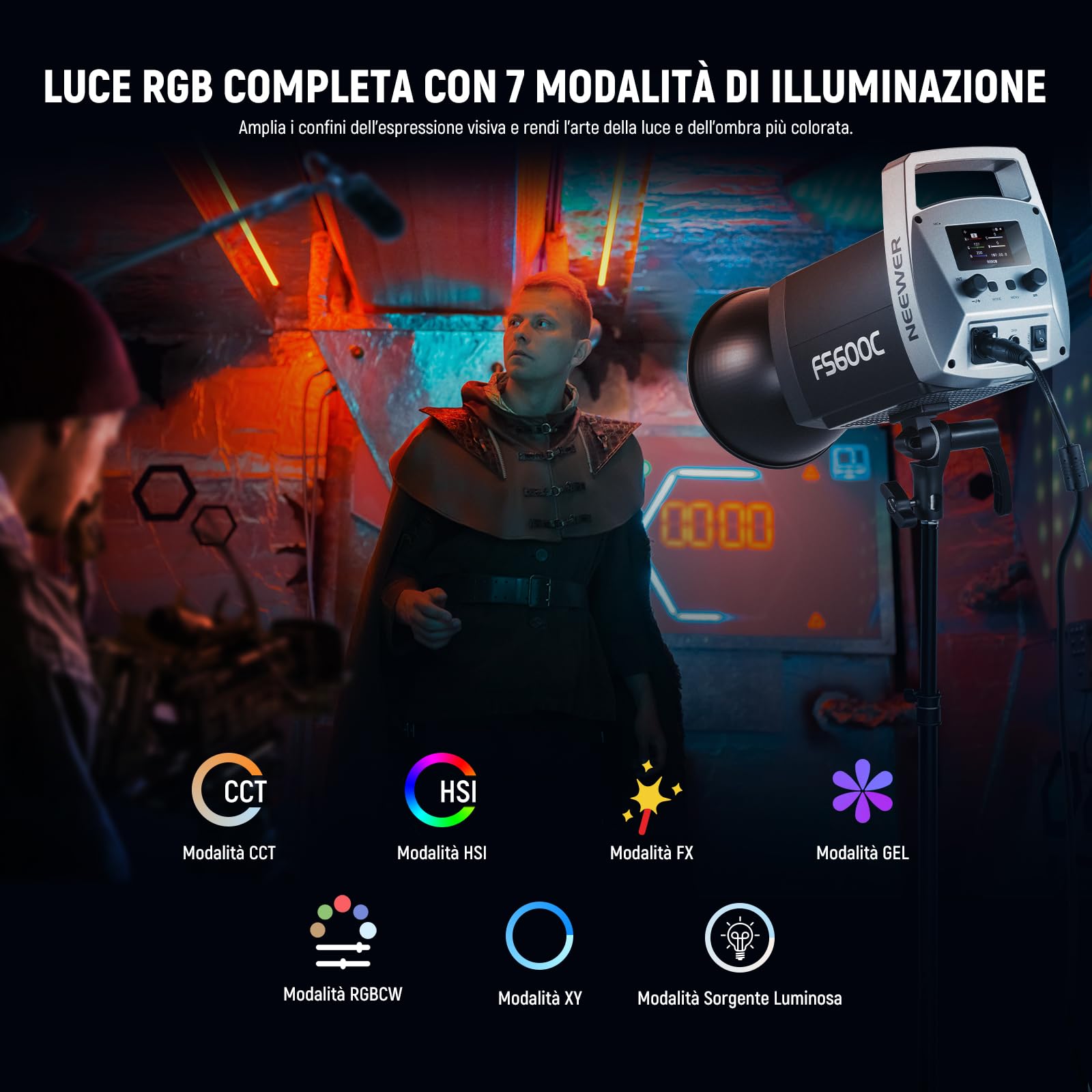 NEEWER FS600C 600W Luce Video LED RGB Pro con Controllo APP/2.4G/DMX, Illuminazione Continua COB 2500-7500K 52500lx/1m, Faretto CRI95+/TLCI97+ con Borsa per Fotografia Studio Registrazione Streaming