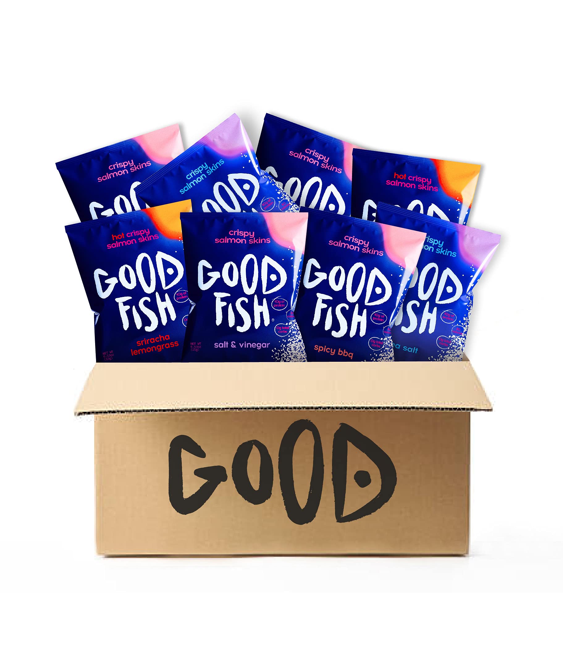 Crispy Salmon Skin Chips by GOODFISH - Best Seller Pack, 8-Pack - Includes 2 Sea Salt, 2 Sriracha Lemongrass, 2 Spicy BBQ, and 2 Salt & Vinegar - Wild-Caught Alaskan Salmon - Keto & Paleo Friendly