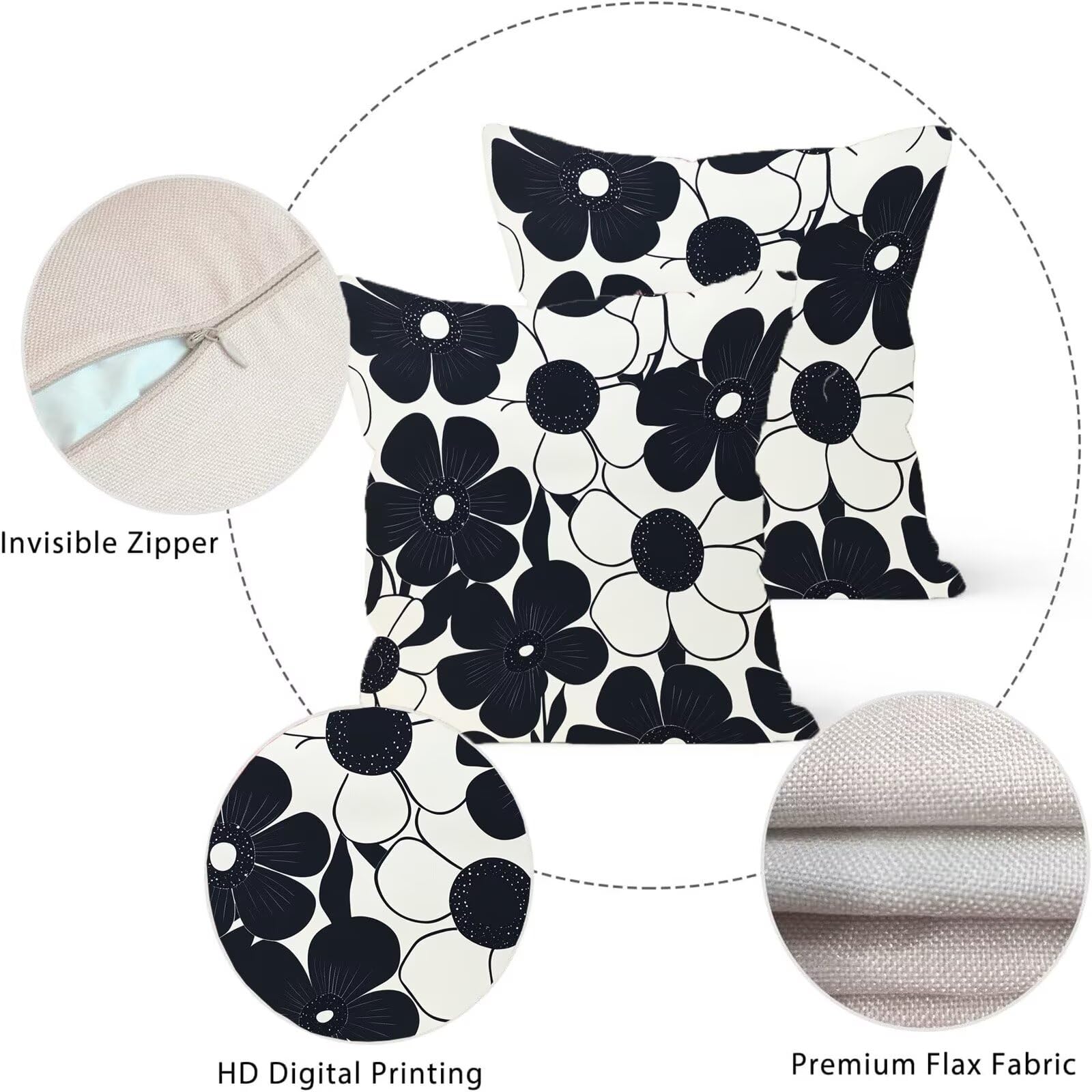 Fundas Cojines 65 x 65 cm En blanco y negro Cojines para Exterior Impermeable Juego de 4 Moderno Cushion Covers Cojin Cuadradas Lino de Sofá Decorativas Funda de Cojin para Sala Sofá Cama Silla X-768