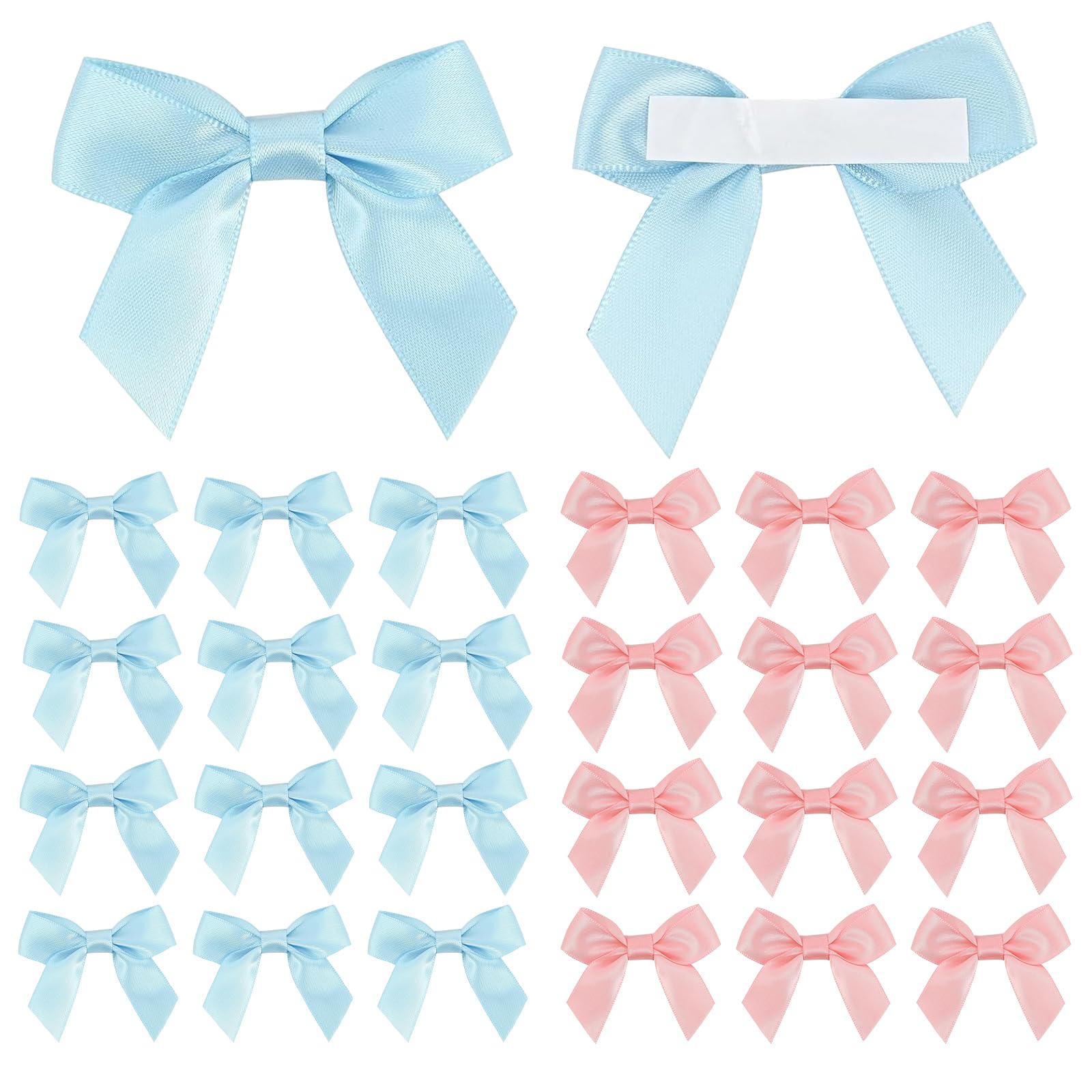 LEBKFT 60PCS Self Adhesive Satin Bows, Pink and Blue Pretied Ribbon Bows with Sticky Backs for Gift Wrapping Wedding Decorations Party Crafts and DIY Projects Birthday Christmas Decoration — image 1