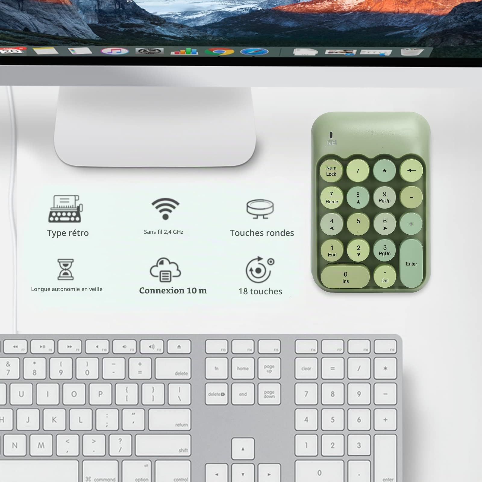 Pavé Numérique Mécanique, Pavé Numérique sans Fil 2.4G à 18 Touches, Clavier Numérique Rétro Mignon de Couleur Mélangée, pour PC, Ordinateur Portable, Ordinateur Portable, Etc.(Vert)