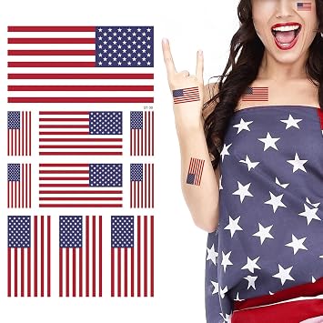 Supperb Patriotic Temporary Tattoos, American Flag 10 flags - Set of 2, All Ages, Red, White, Blue, Black, Waterproof