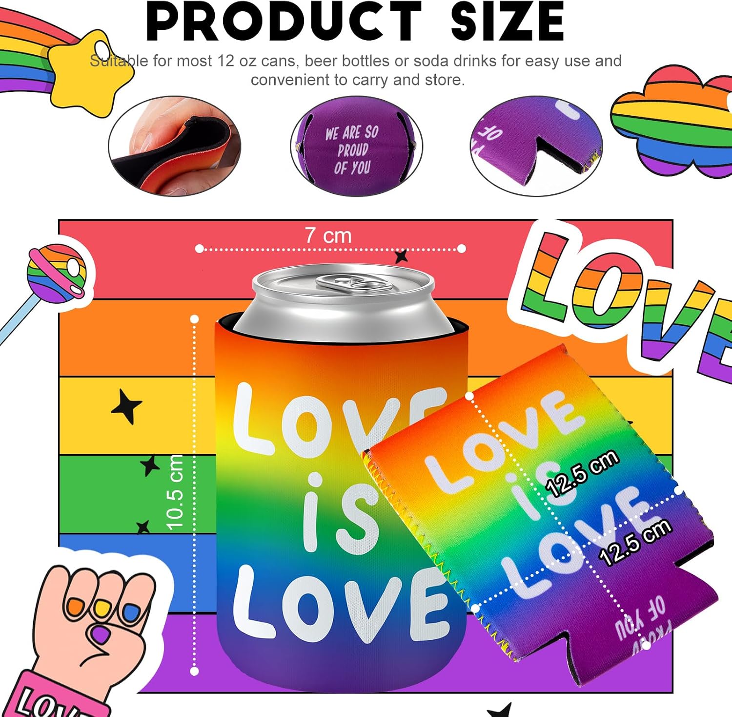 SiliFine 60 Pcs Pride Month Party Decorations Rainbow Can Coolers Sleeves Lgbtq Insulated Neoprene Can Sleeve Beer Drink Coolies for Gay Pride Weddings Parade Party Supplies Decorations Favors