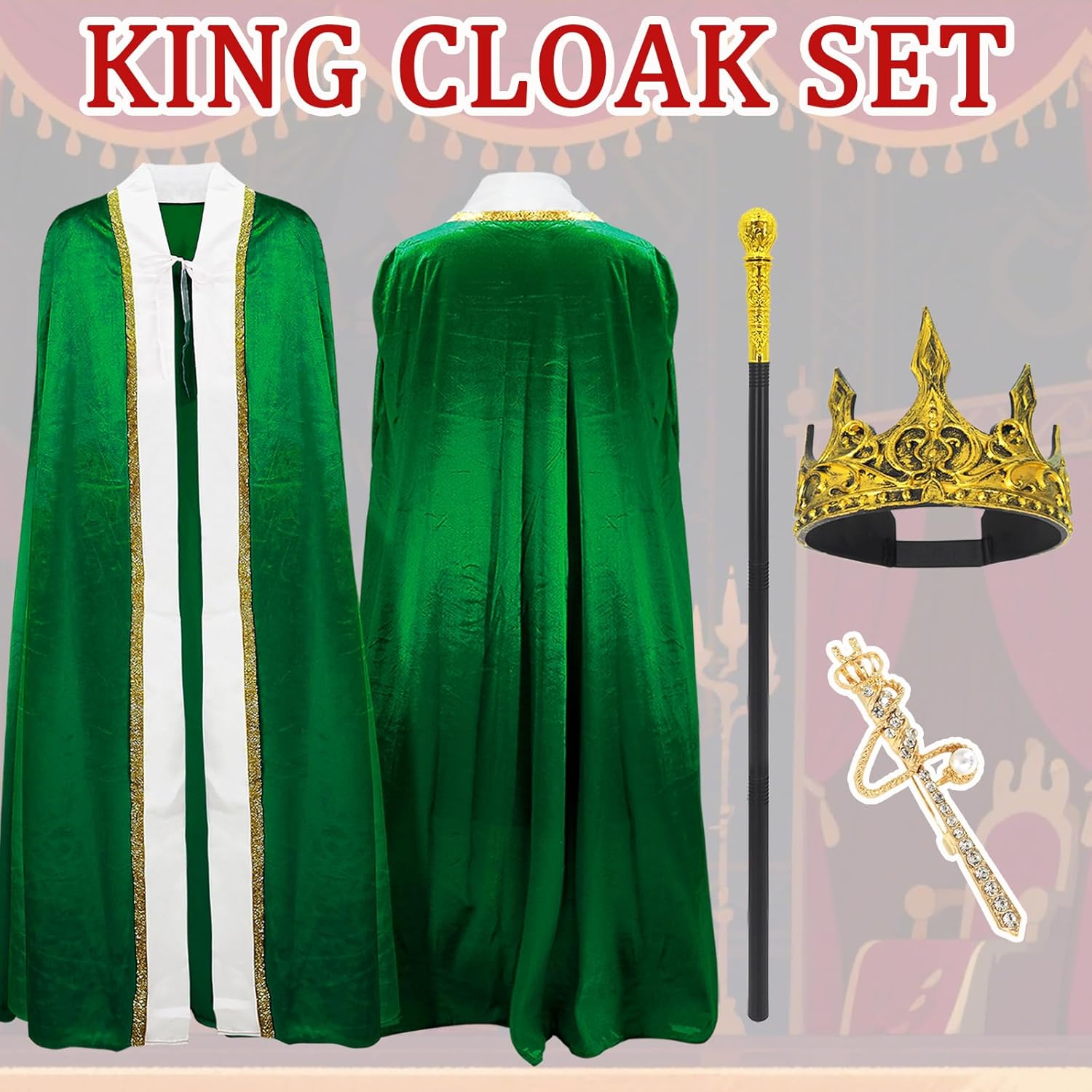 CosInStyle 3 Pieces Halloween King Prince or Queen Robe Red Cloak Cape Crown Wand Costume Set with King Crown Headband
