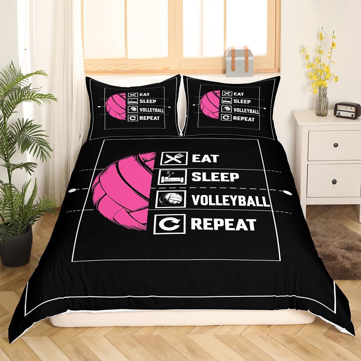 Feelyou Volleyball Duvet Cover Volleyball Gaming Bedding Set Eat Sleep Volleyball Comforter Cover for Boys Girls Volleyball Court Bedspread Cover Twin Size with 1 Pillow Case (No Comforter)