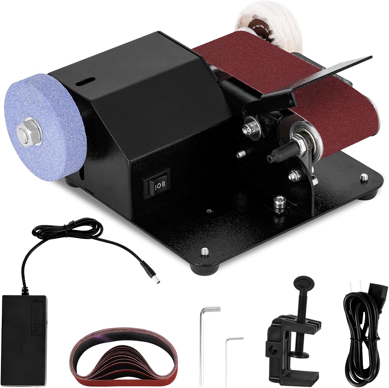 Mini Electric Belt Sander1.97x13-inch Small Bench Grinder Disc Sander Machine Seven Speed Control, with Sanding Wheel, Polishing Wheel and Desktop Clamp
