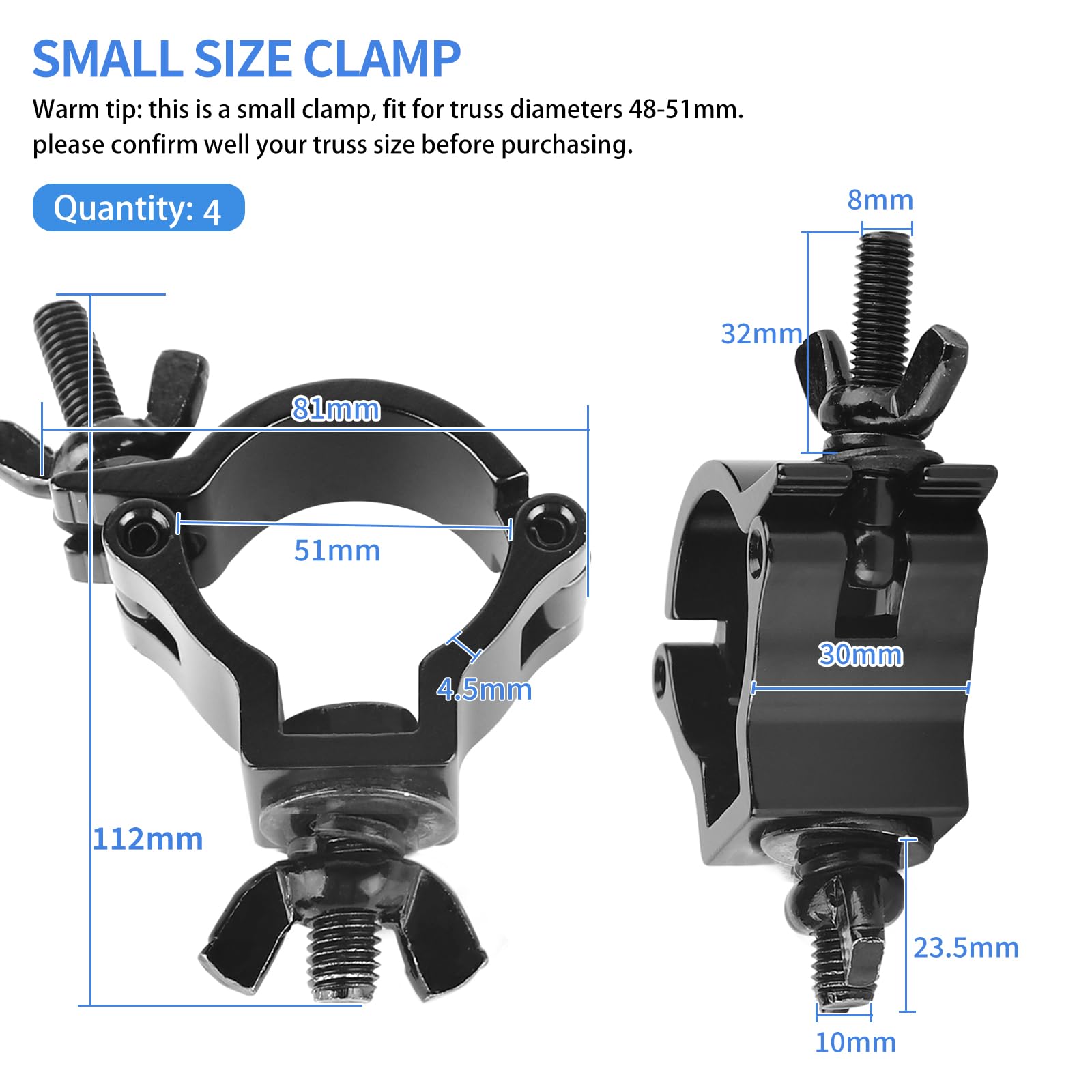DBREAKS Truss Clamp Crochet de Fixation - TÜV, 4Pcs Crochets de Fixation Éclairage de Scène, 48-51mm Alliage d'aluminium Crochets de Fixation Éclairage de Scène, Pinces pour Éclairage de Scène, Noir