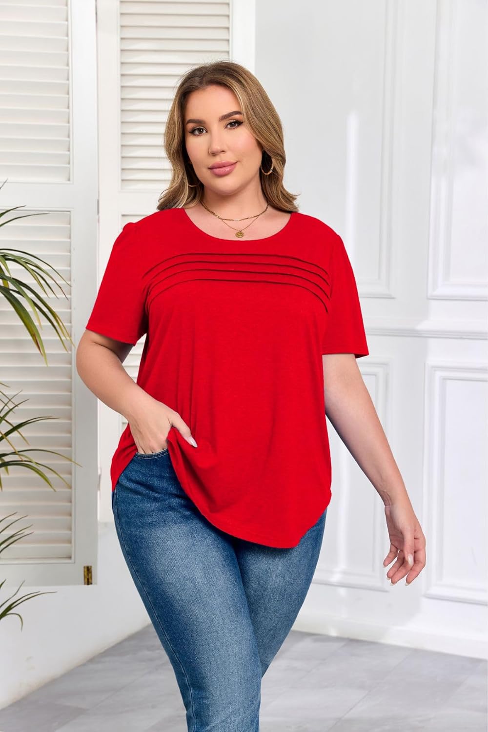 Womens Plus Size Tops Puff Sleeve Summer Shirt Pleated Front Dressy Tee Casual Crewneck Tunic Tops 1XL - 5XL - Image 2