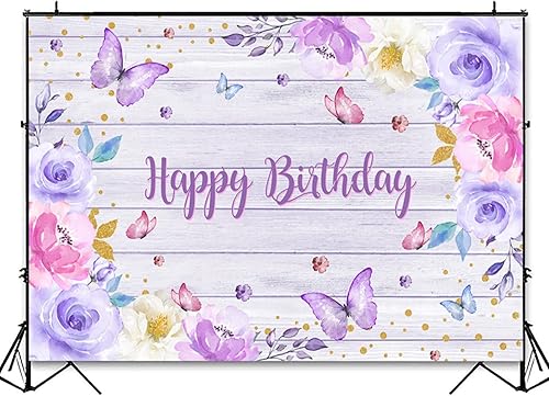 Miniatura 10 de InMemory Telón de fondo de mariposa para baby shower fondo de fotografía de mariposas moradas flores rosas para niñas decoraciones de fiesta de baby