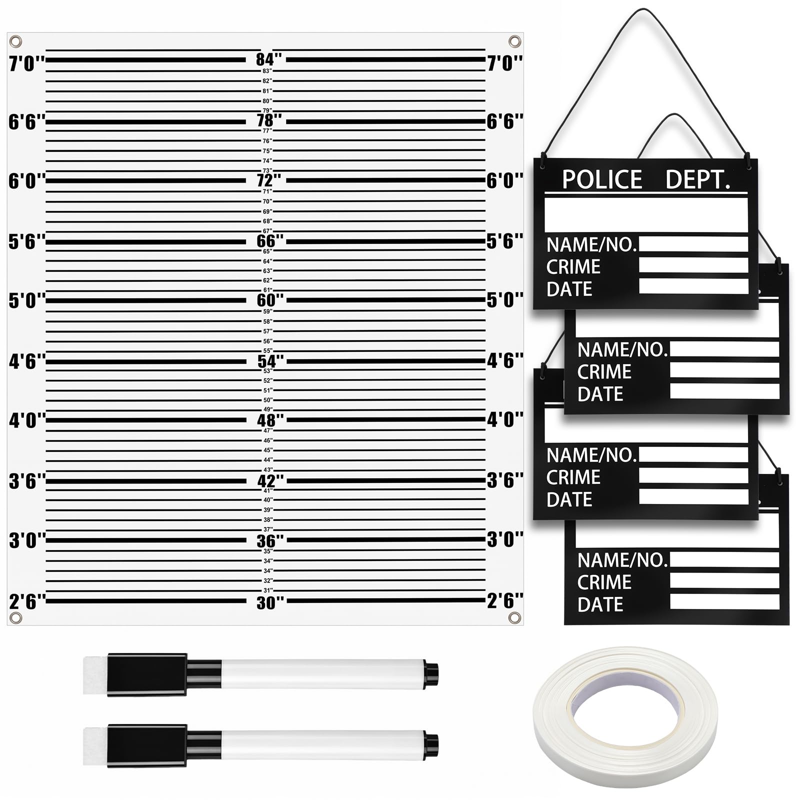 Mugshot Backdrop Kit with 4 Nameplates, Markers, Rope for Crime Scene Party