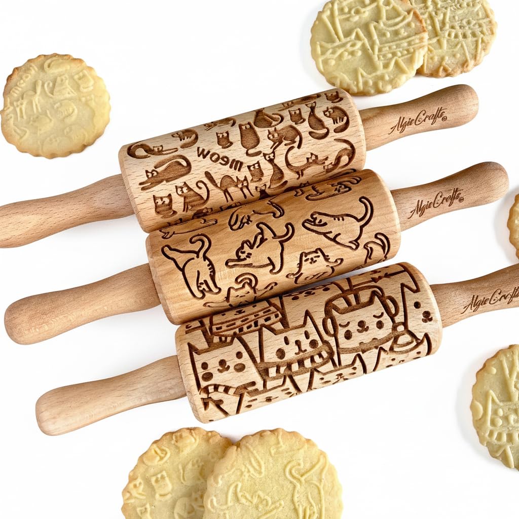Cats 3 Mini Embossed Rolling Pin Set – Wooden Laser-Engraved Textured Rolling Pins for Cookies, Modeling Clay, Ceramics – Various Cat Patterns by Algis Crafts