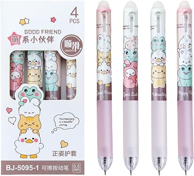 MOZXIRZ 4 Pcs Erasable Gel Pens Cartoon Retractable Erasable Pens Cute Animal Erasable Pens 0.5mm Black Ink Writing Pen Office School Pen Women Girls Boys Animal-Black Ink