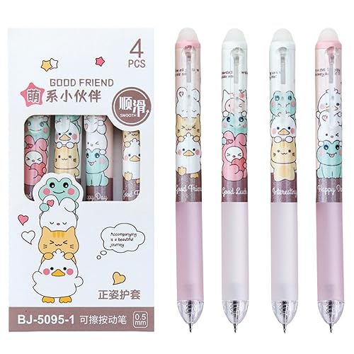 MOZXIRZ 4 Pcs Erasable Gel Pens Cartoon Retractable Erasable Pens Cute Animal Erasable Pens 0.5mm Black Ink Writing Pen Office School Pens Women Girls Boys Pens (Animal-Black Ink) - Animal-Black Ink