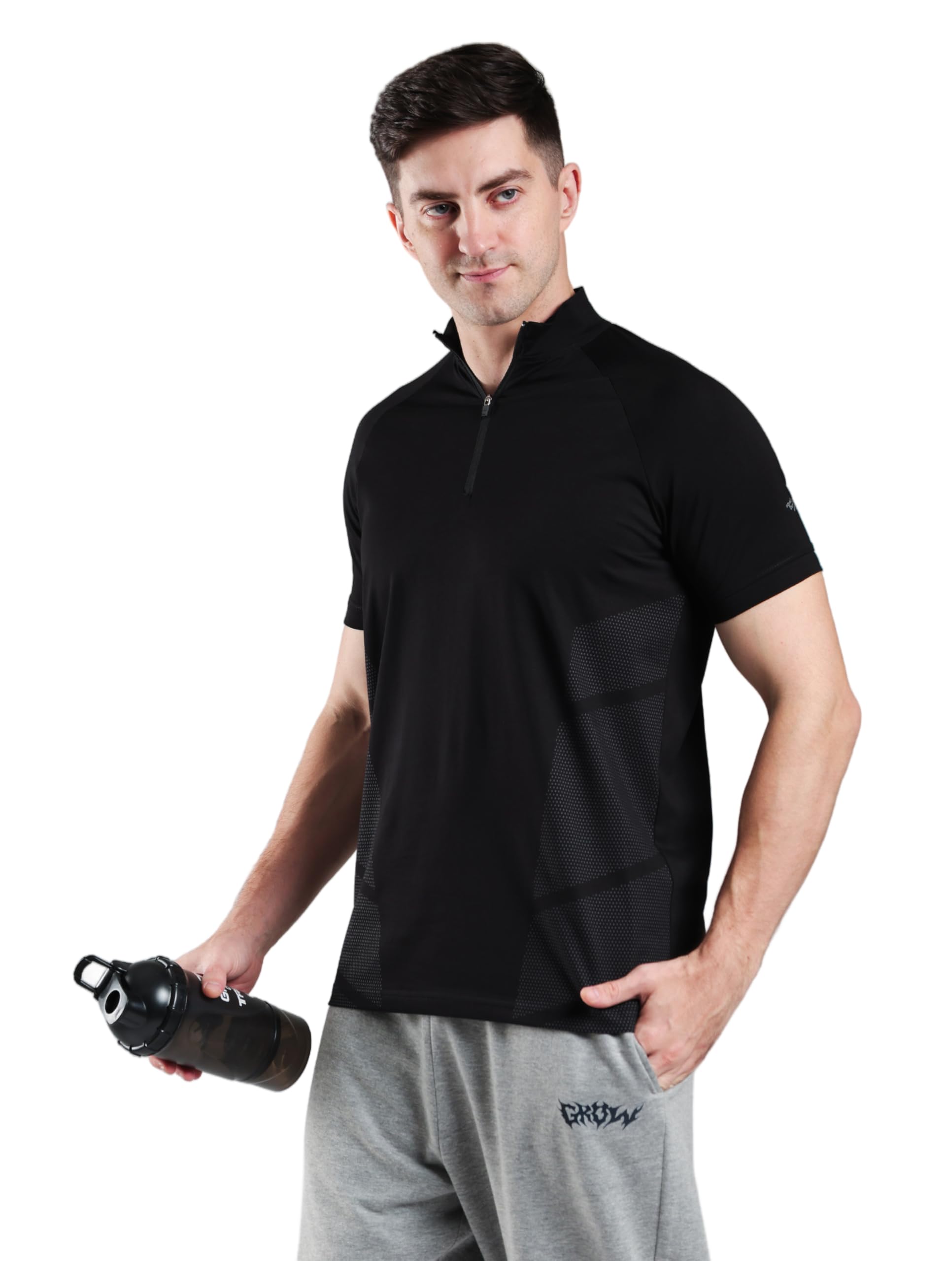 GROW Half Quarter Zip Performance T Shirt for Men Workout | Cotton Pique Blend Henley Collar Printed Half Sleeve T Shirt for Men Gym-image-26