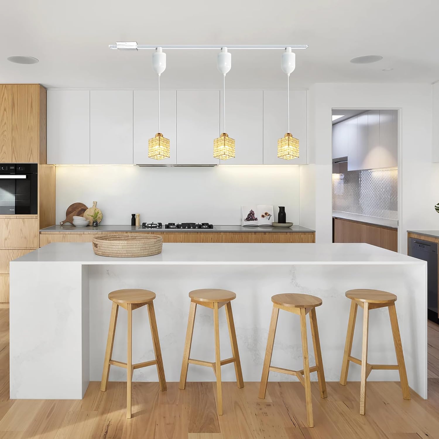 Kiven J-Type Track Lighting Pendants Adjustable Height, J Track Pendant Lights with Gold Crystal Lampshade,Modern Decorative Track Lighting Fixture for Hallway Restaurant Kitchen Island Cafe TB2989