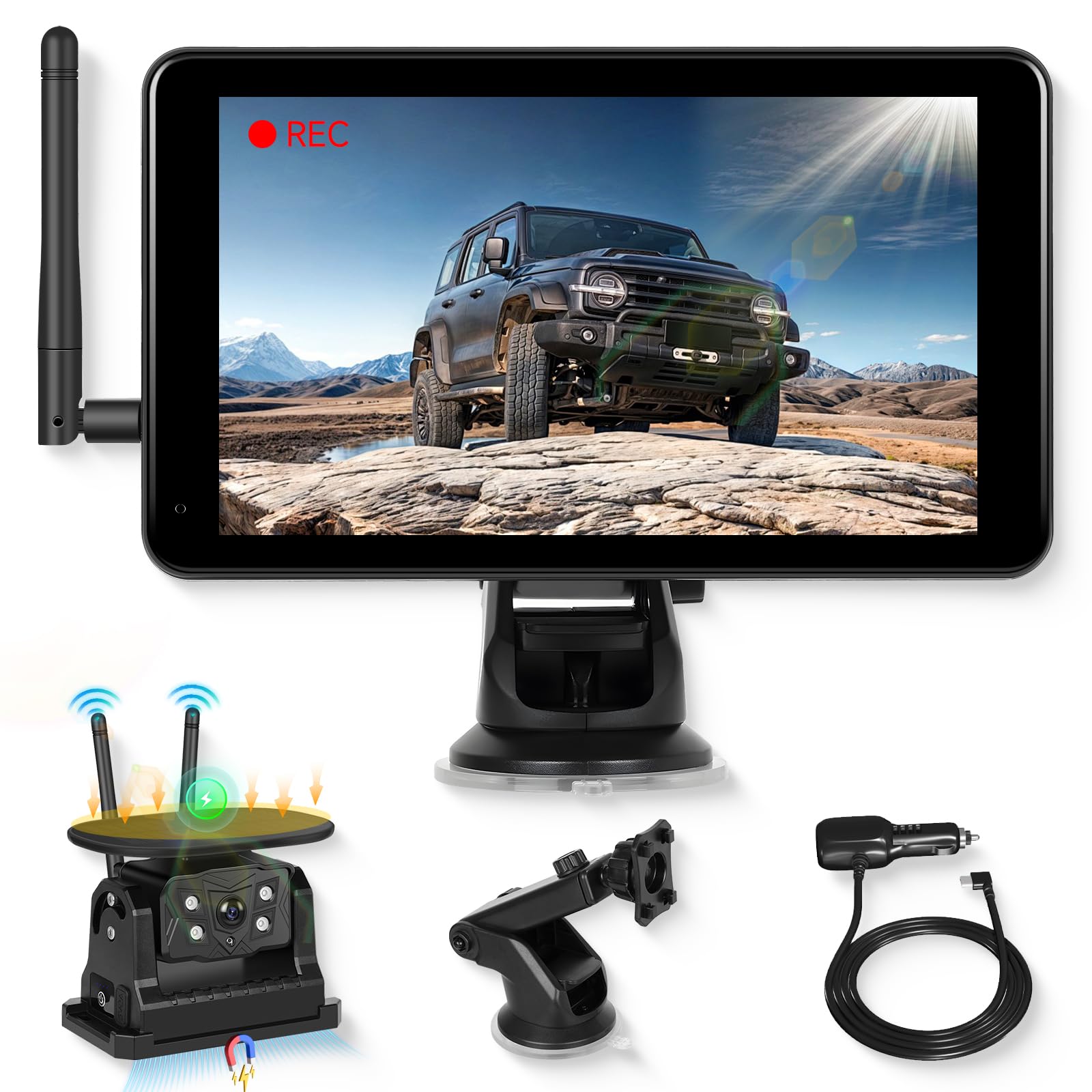 Hodozzy Solaire HD Caméra de Recul sans Fil Kit, Moniteur Ecran Tactile IPS de 7 Pouces avec Enregistrement DVR, 10000mAh Caméra Magnétique avec BSD, Etanchéité IP68, Vision Nocturne, Type C