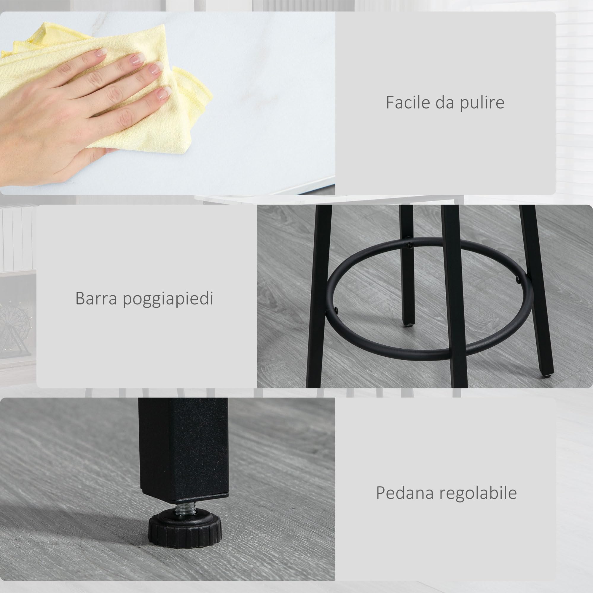 HOMCOM Set Tavolo e Sedie 3 Pezzi in Truciolato, MDF e Acciaio con Tavolo Rettangolare e 2 Sgabelli da Bar per Soggiorno e Sala da Pranzo, Bianco e Nero
