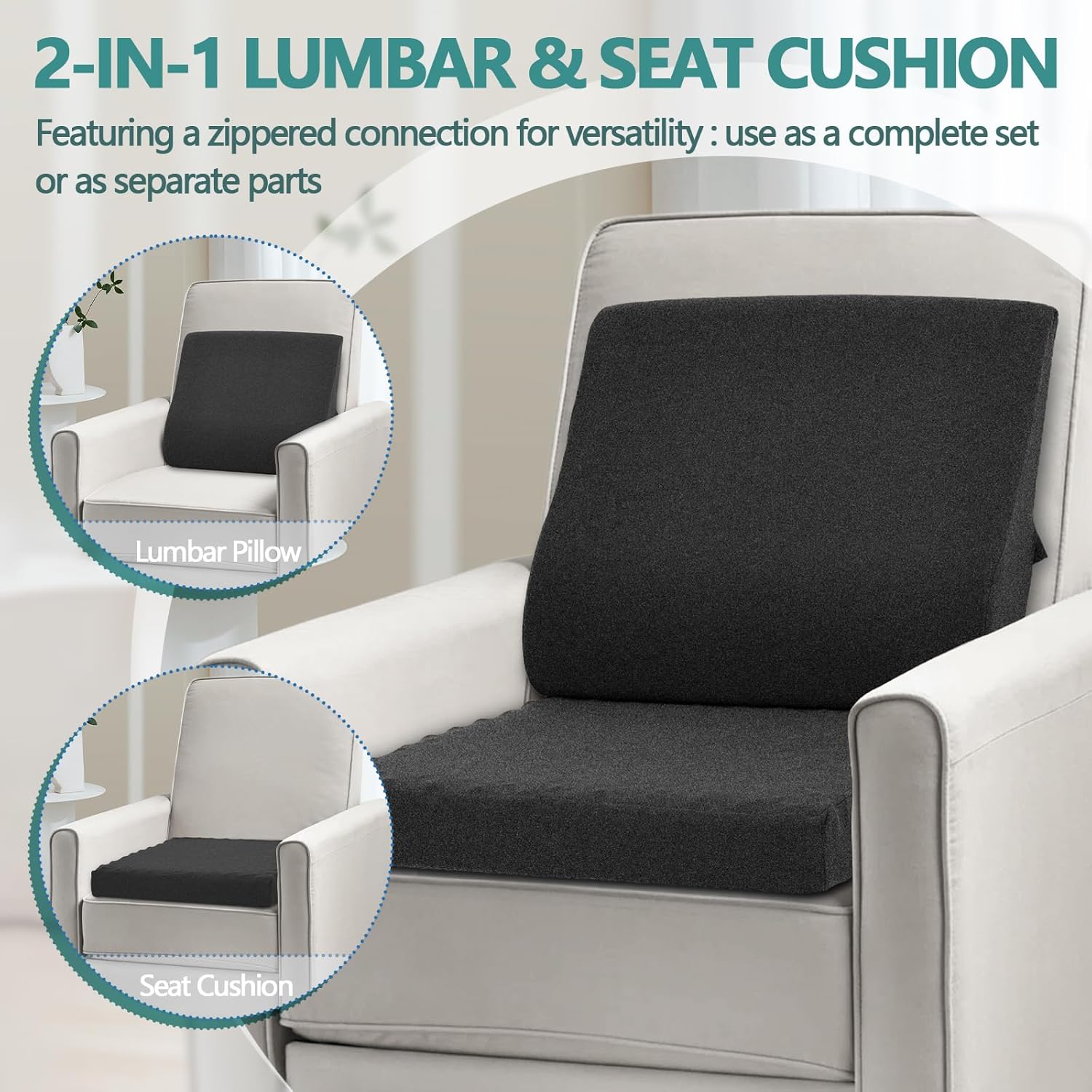 Shinnwa Lumbar Support Pillow for Recliner, Ultra-Soft Foam Back Support Pillow and Egg Crate Foam Seat Cushion 2-in-1 for Couch, Office Chair, for Back Pain Relief, Charcoal