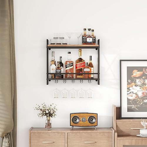 Miniatura 6 de POLUNCA Estante de tubo industrial para vino montado en la pared de 2 niveles, estantes flotantes colgantes para licor con soporte de vidrio para