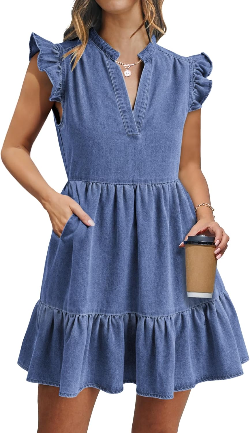 Denim Dress for Women Ruffle Short Sleeve V Neck Jean Mini Dress with Pockets