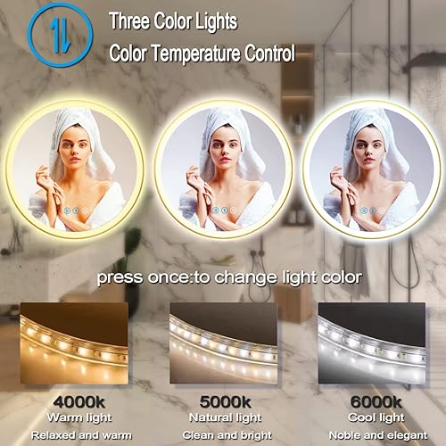 Miniatura 4 de THEKLA Espejo LED redondo dorado de 30 pulgadas con marco dorado, espejo redondo iluminado para pared de baño, espejo de tocador redondo con luces,