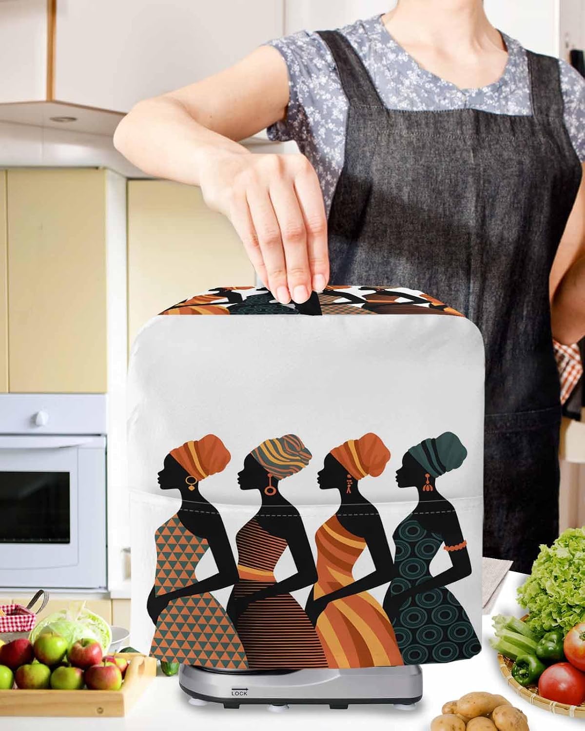 Black Women Stand Mixer Cover with Storage Pocket, Waterproof Kitchen Mixer Covers, Abstract Art Nation Orange Geometric Tribal Kitchen Appliance Dust Cover Compatible with 5-8 Quart Mixers