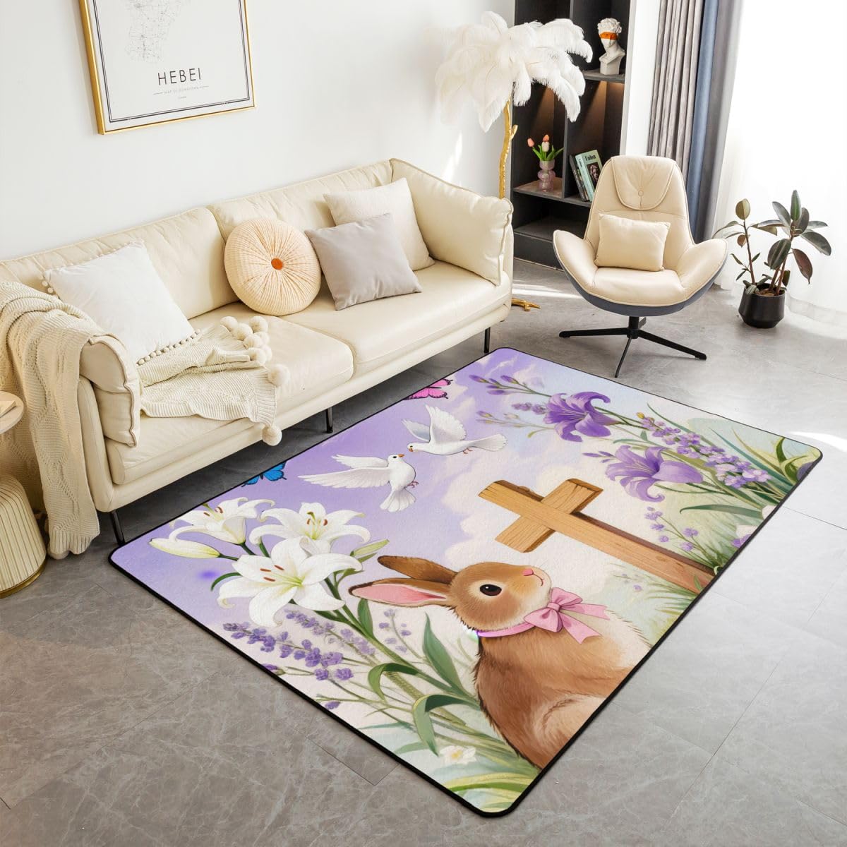 Homewish Różowa kokarda królik dywaniki 150 x 200 cm do sypialni salonu - kreskówka urocze zwierzęta gołębia pokoju nowoczesny dywan podłogowy fioletowe białe kwiaty boho krzyż duże dywany nie gubi